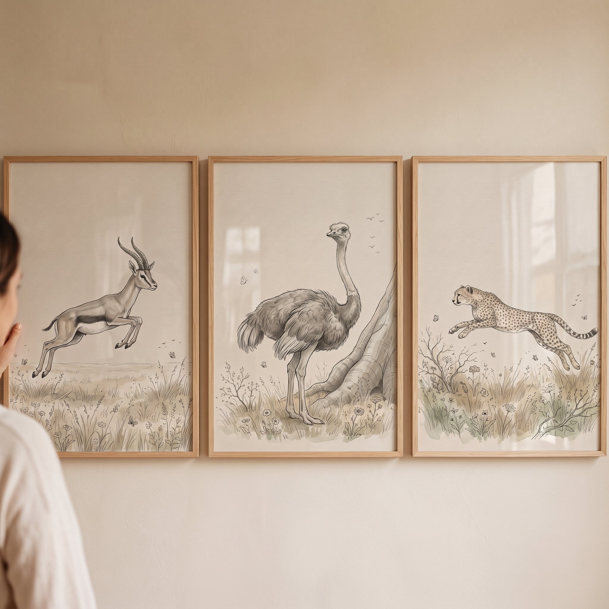 Sepia Watercolor Savanna Animal Wall Art Set of 3 - African Animal Sketches
