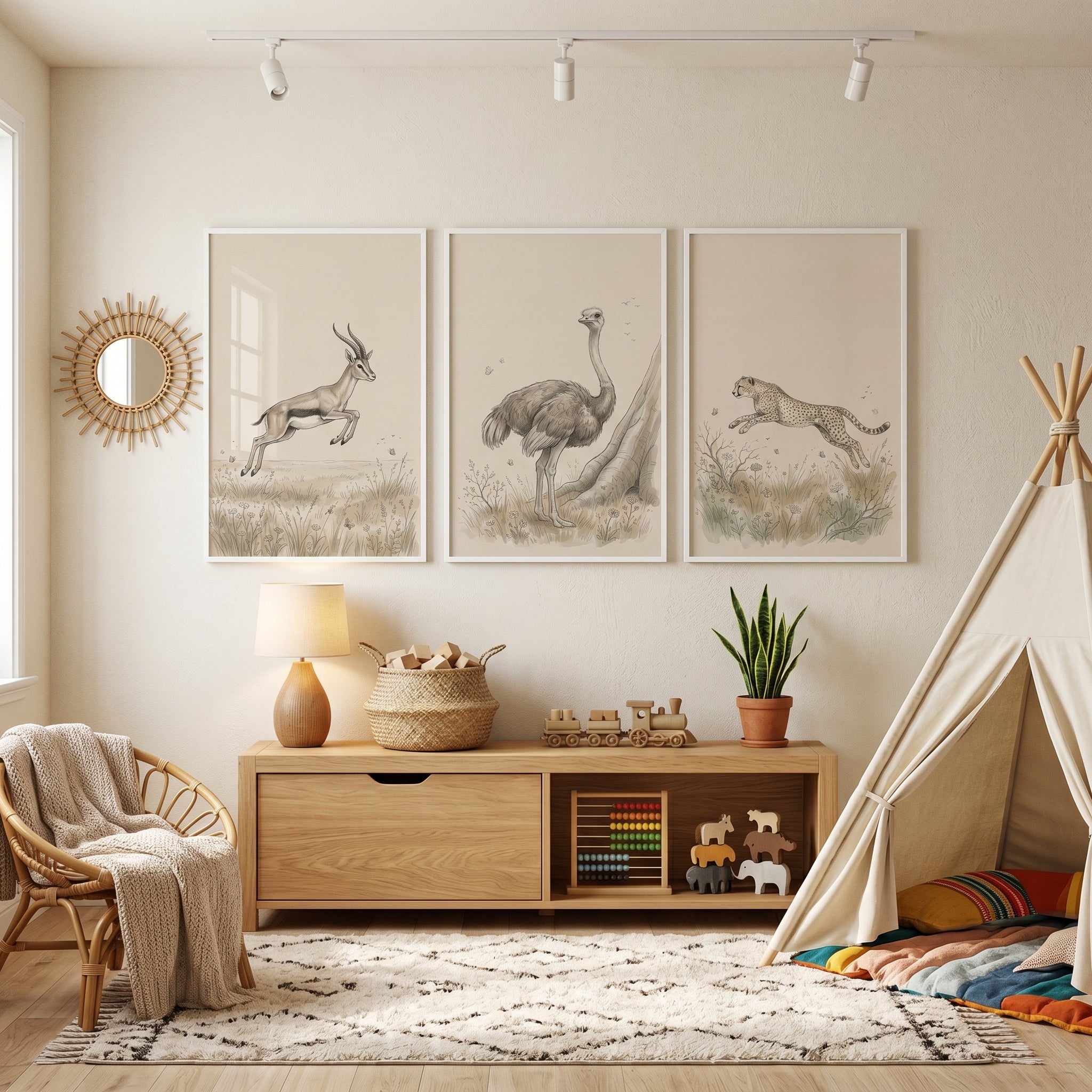 Sepia Watercolor Savanna Animal Wall Art Set of 3 - African Animal Sketches