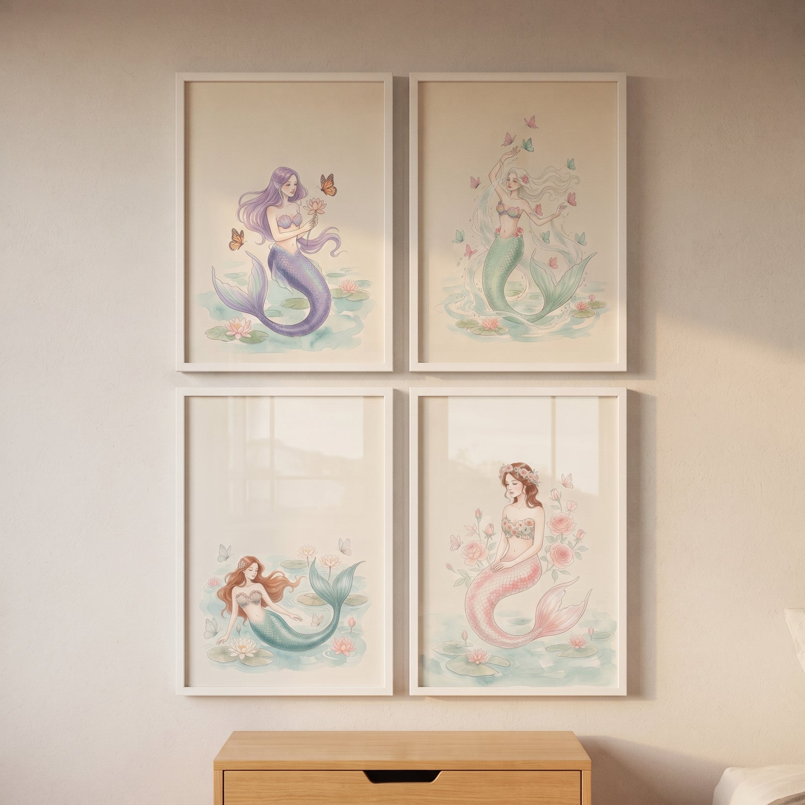 Serene aquatic fantasy mermaid wall art set of 4 displayed in a grid pattern above a wooden dresser.