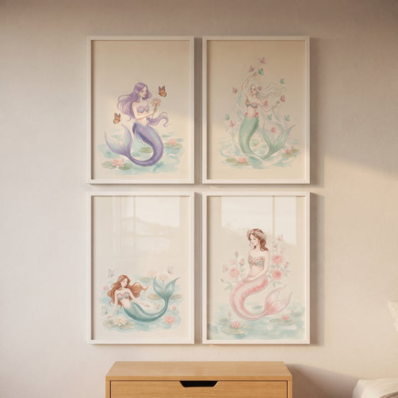 Serene aquatic fantasy mermaid wall art set of 4 displayed in a grid pattern above a wooden dresser.