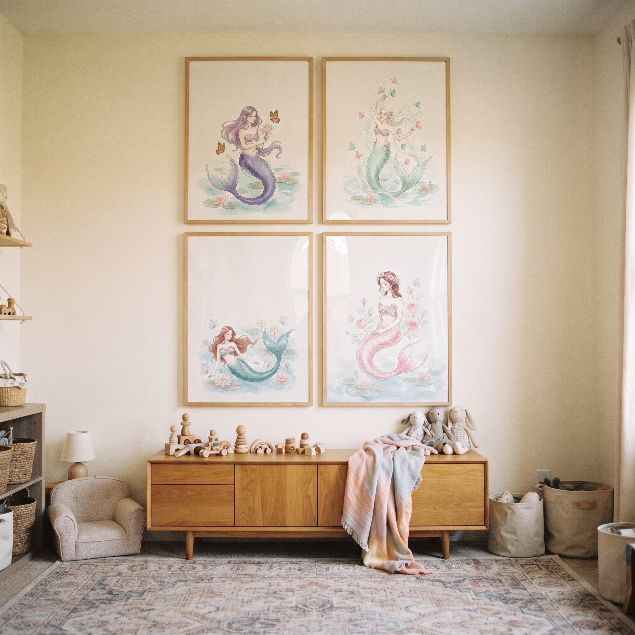 Serene Aquatic Fantasy Mermaid Wall Art Set of 4 - Floral Sea Maidens