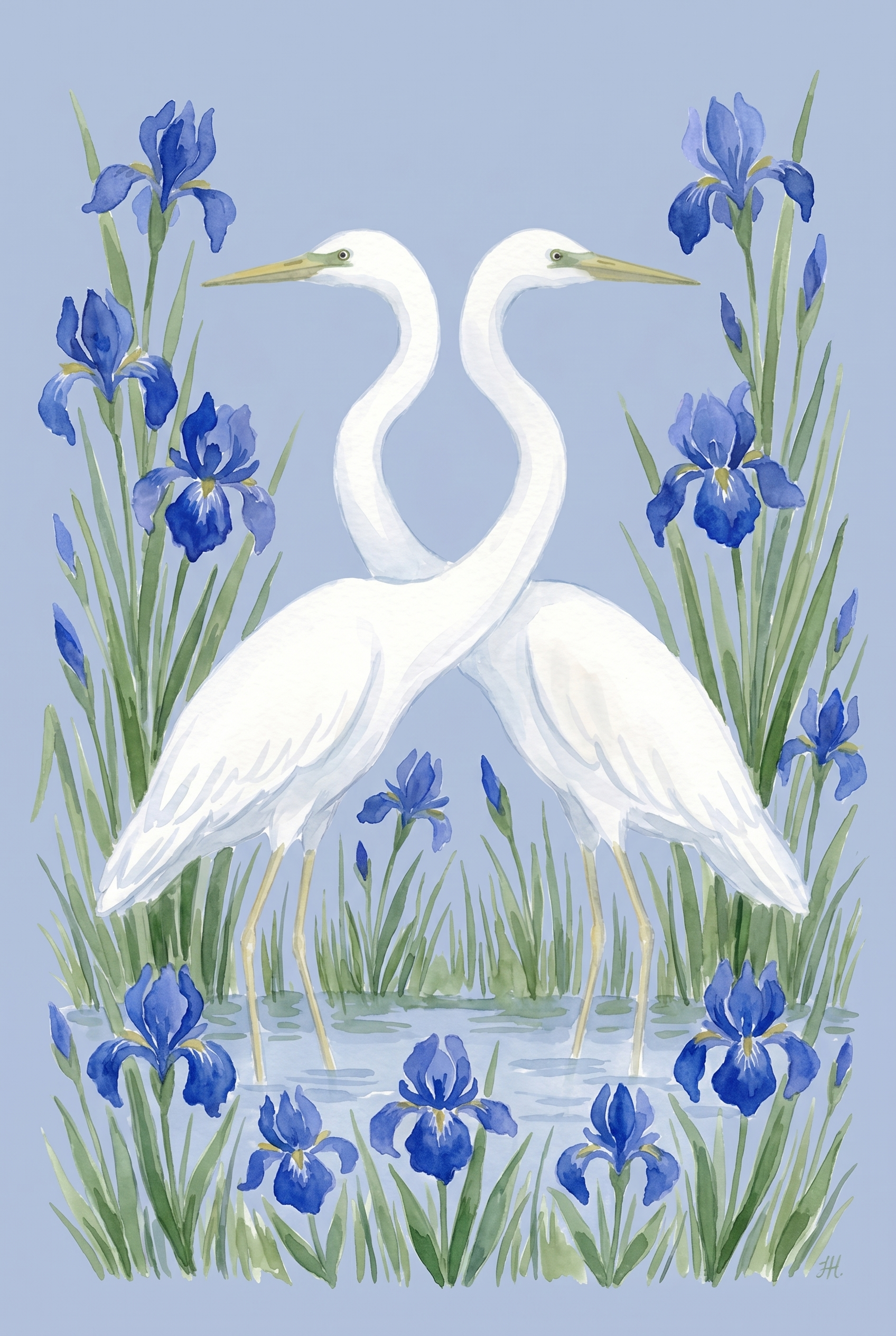 Serene Aquatic Floral Egret Bird Wall Art - Blue Iris Sanctuary