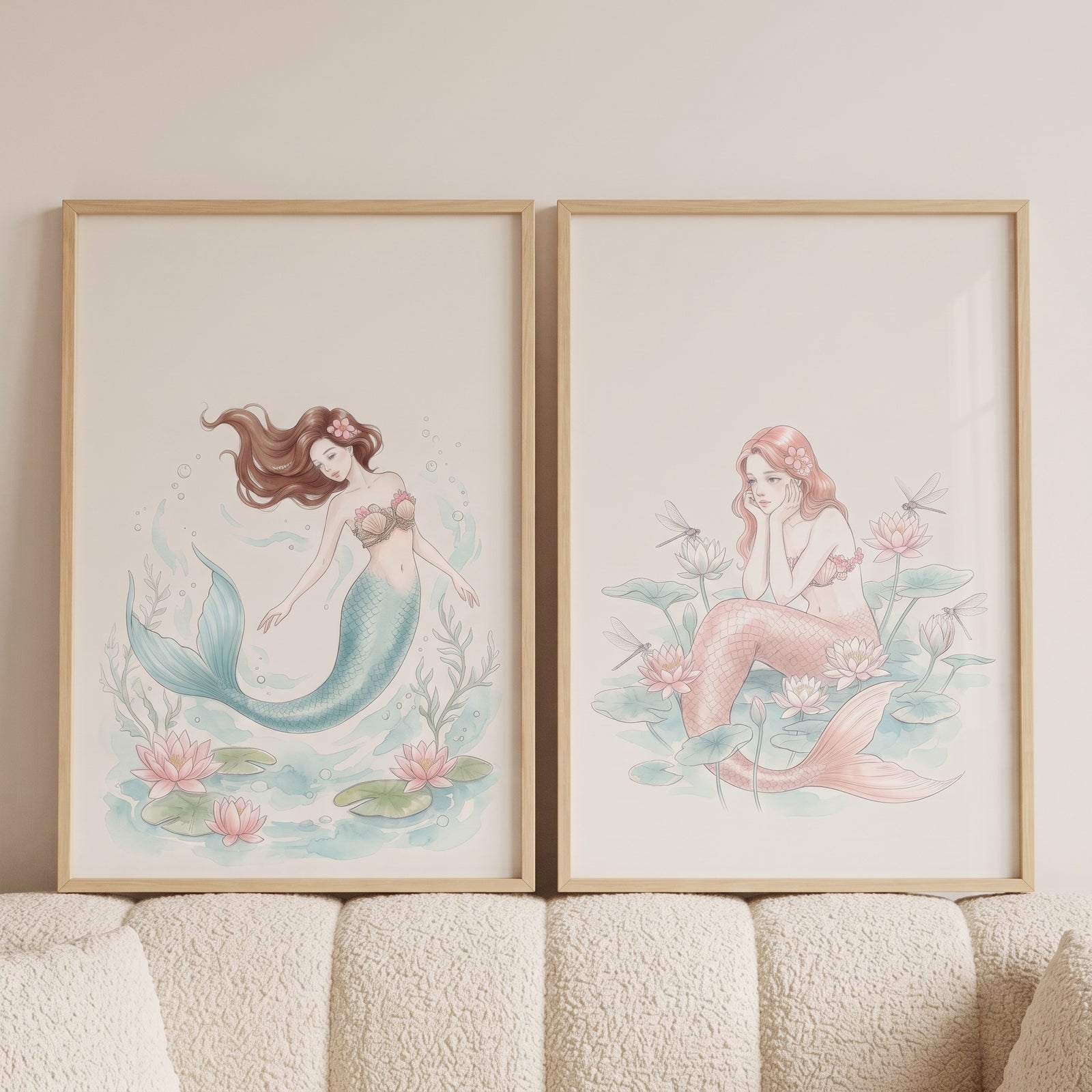 Serene aquatic floral mermaid wall art set of 2 featuring blue and pink mermaids with water lilies in wood frames.