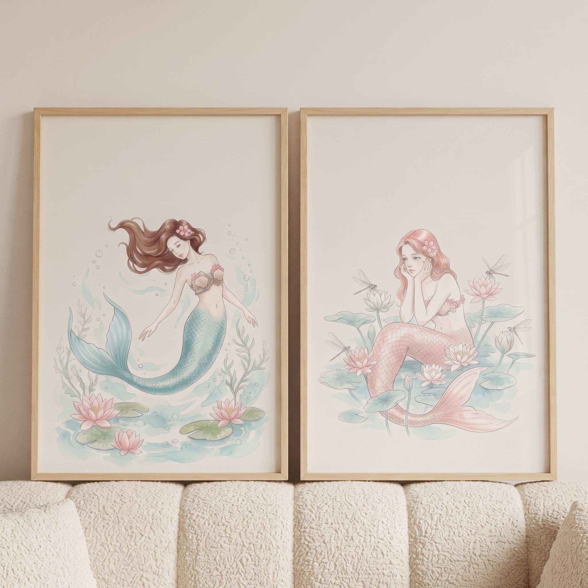 Serene Aquatic Floral Mermaid Wall Art Set of 2 - Ethereal Mermaid Duo