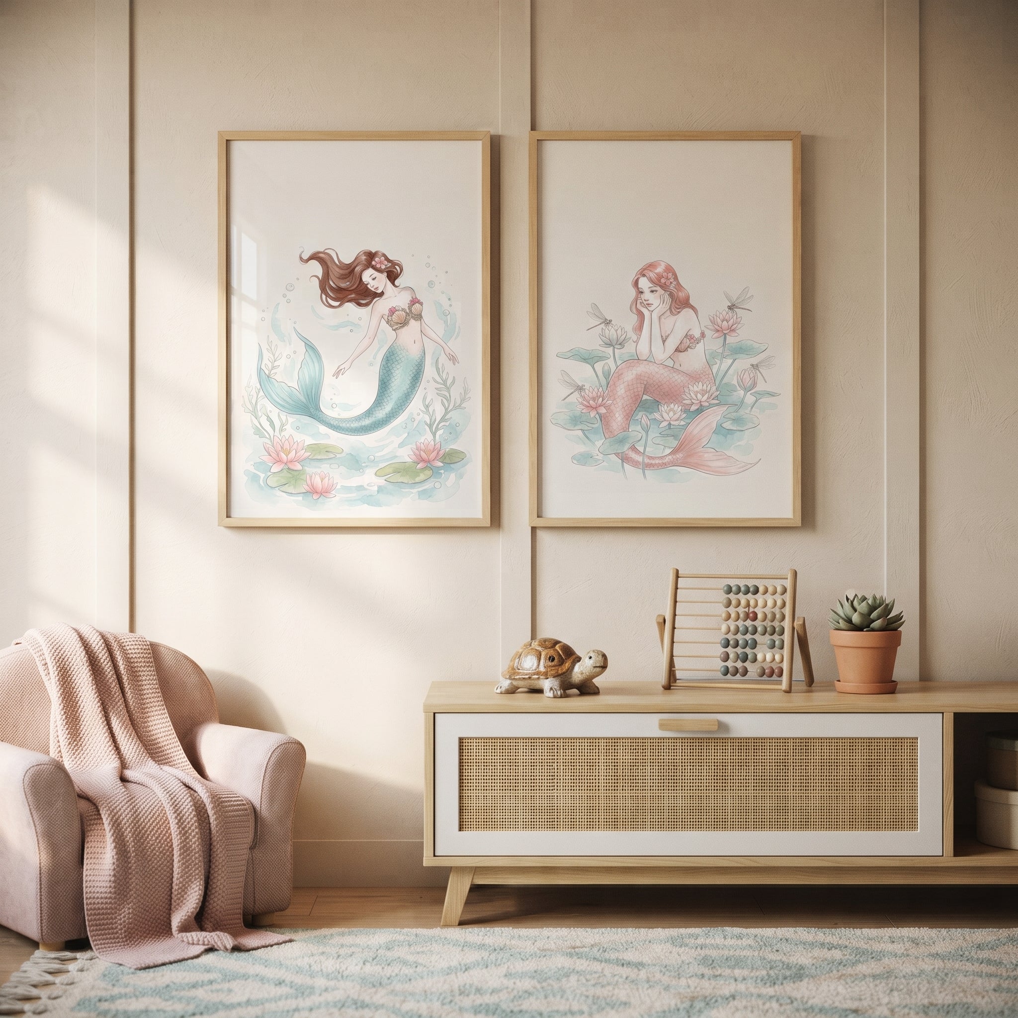 Serene Aquatic Floral Mermaid Wall Art Set of 2 - Ethereal Mermaid Duo