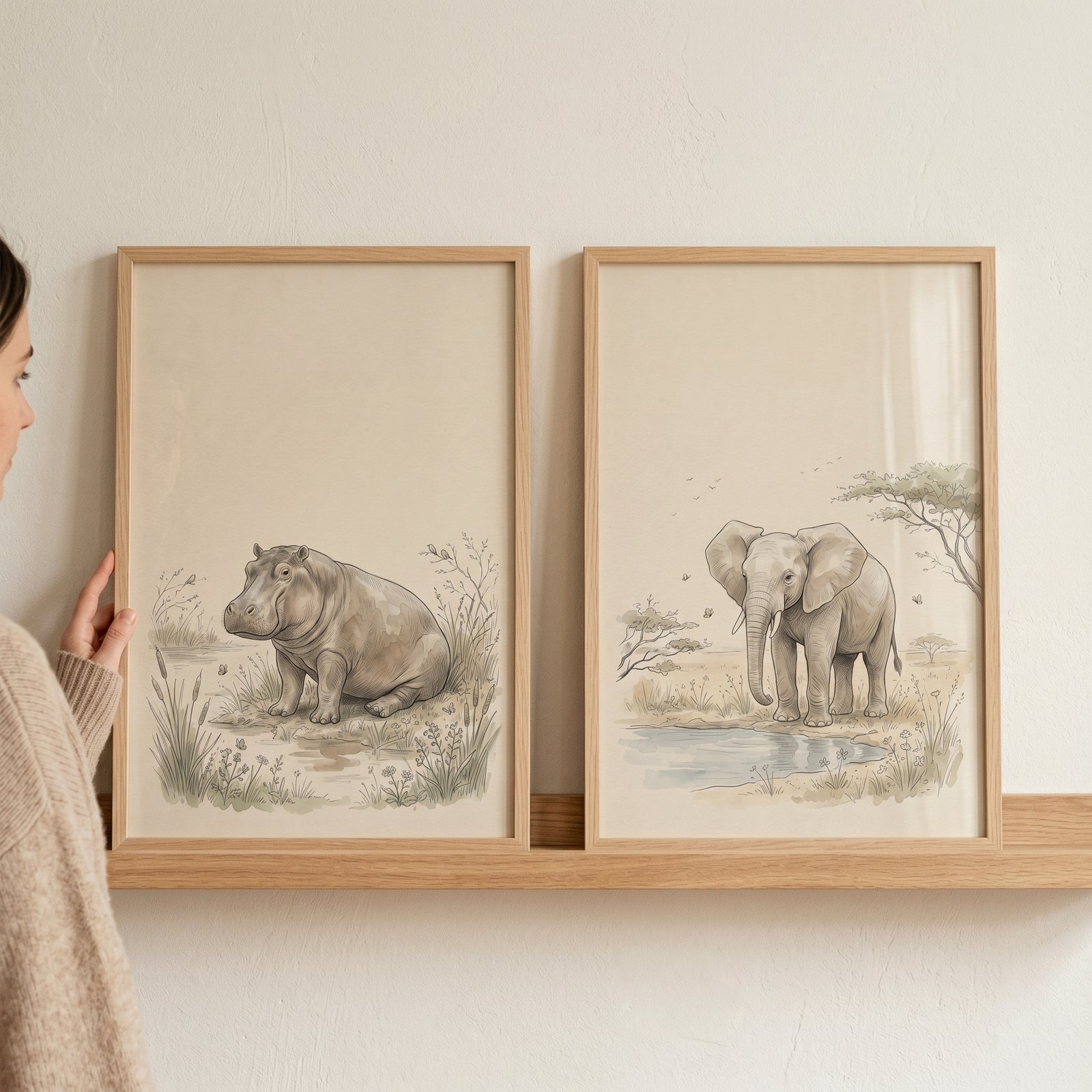 Serene beige safari animals wall art set of 2 showing a hippo and an elephant in wood frames on a shelf.