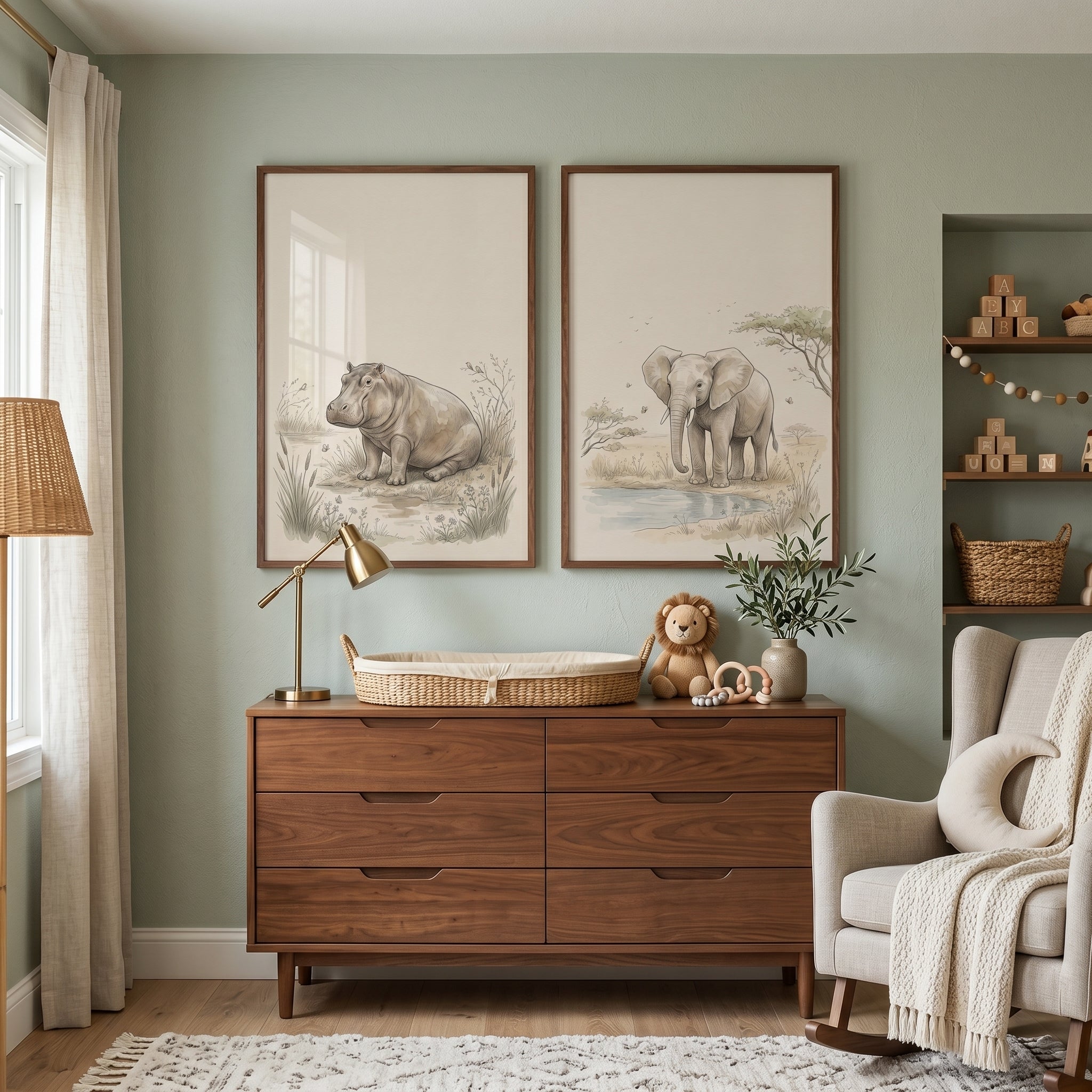 Serene Beige Safari Animals Wall Art Set Of 2 - Wild Savanna Pair