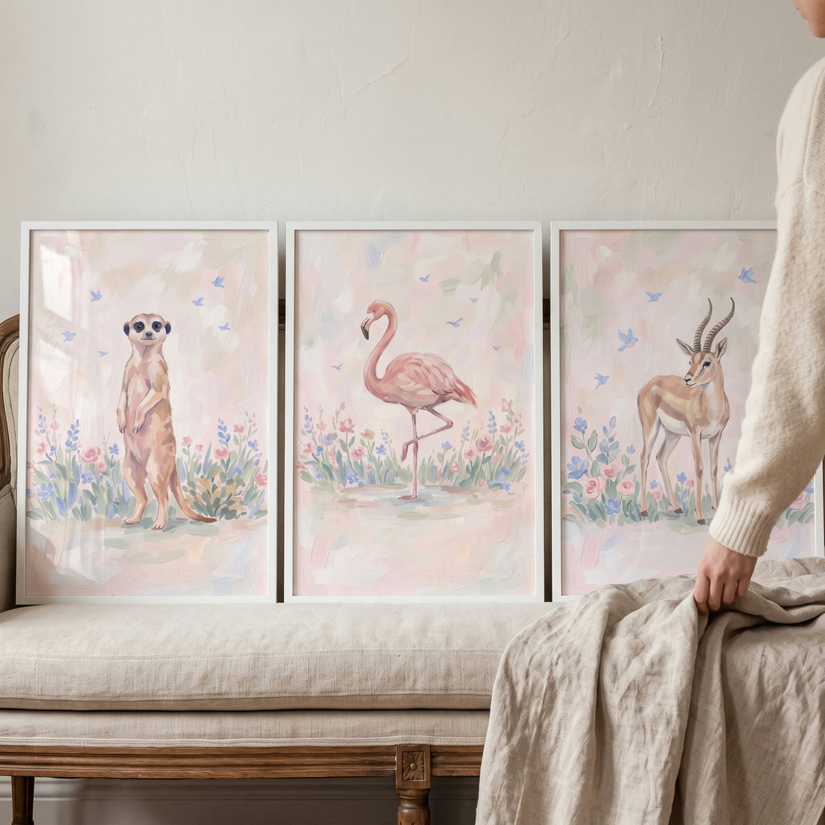 Serene Blossom African Animals Wall Art Set Of 3 - Floral Wild Life