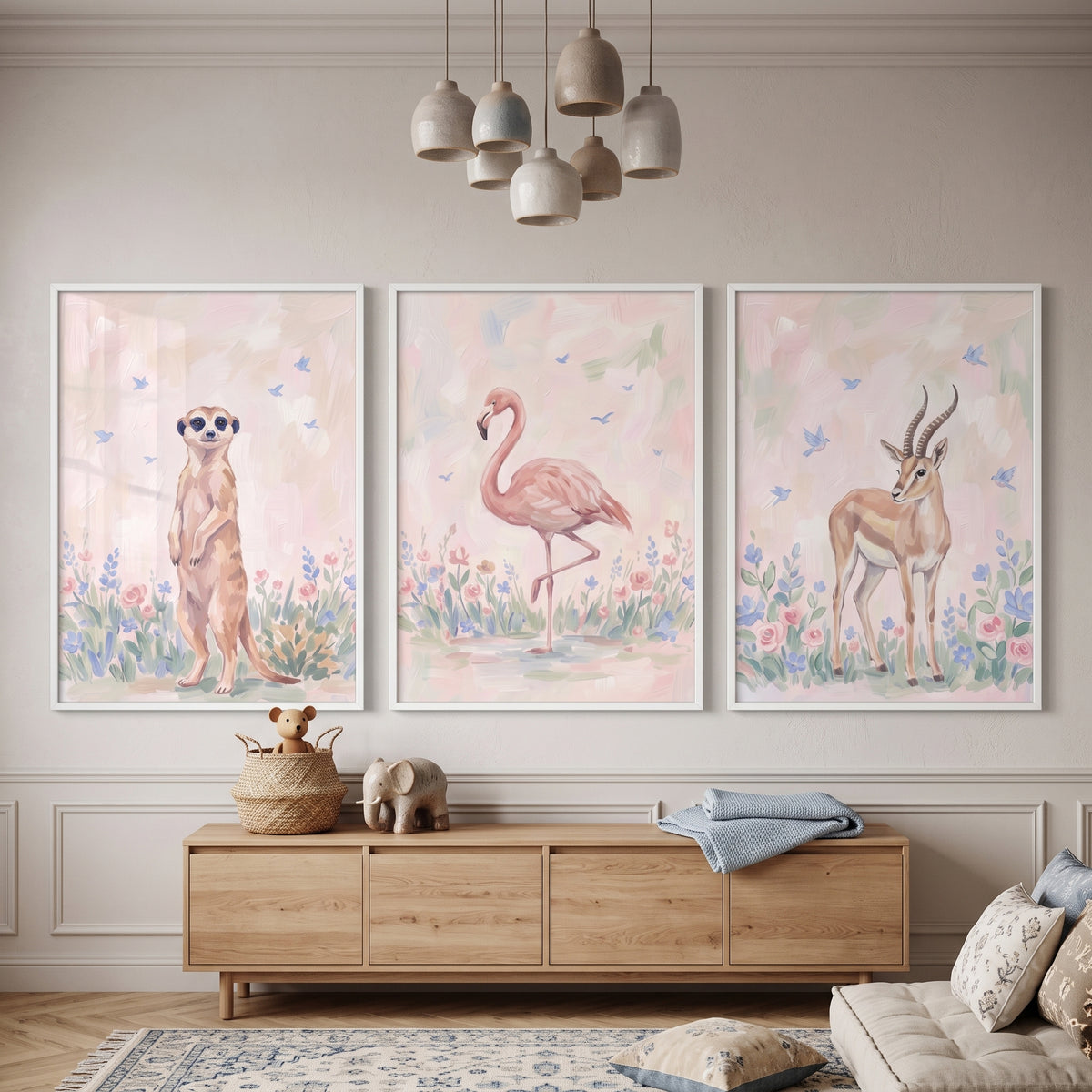 Serene Blossom African Animals Wall Art Set Of 3 - Floral Wild Life