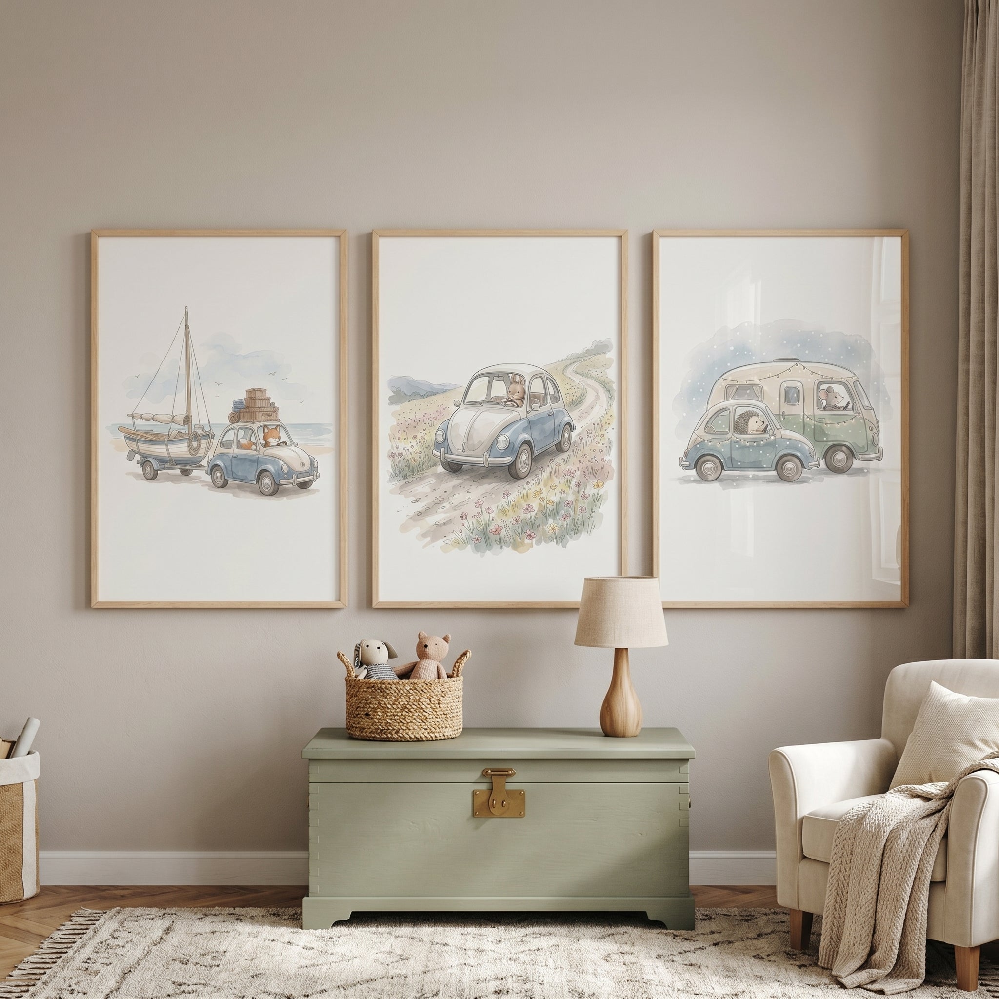 Serene Blue Car Animals Wall Art Set of 3 - Whimsical Travel Tales