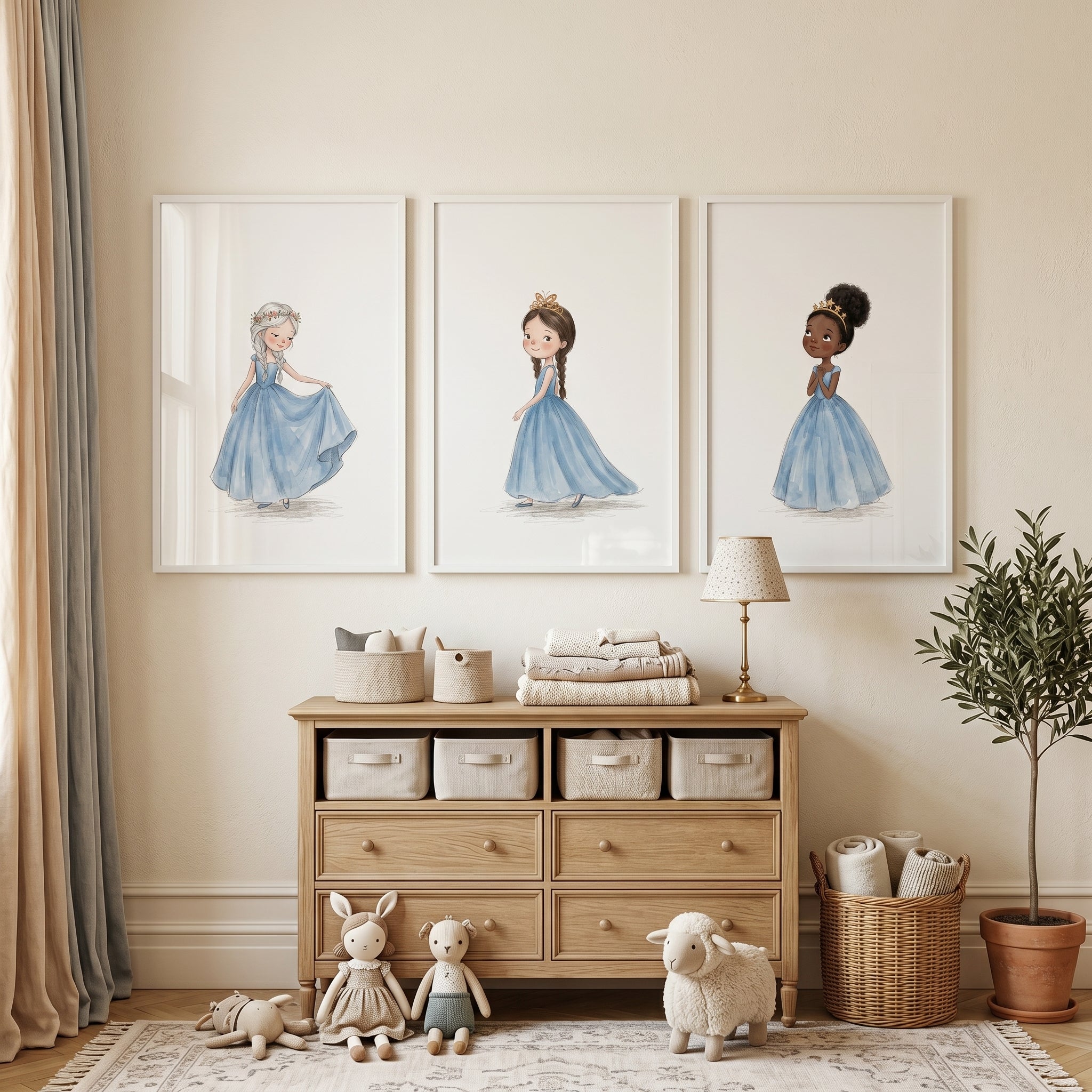 Serene Blue Gown Princess Wall Art Set of 3 - Blue Princess Trio