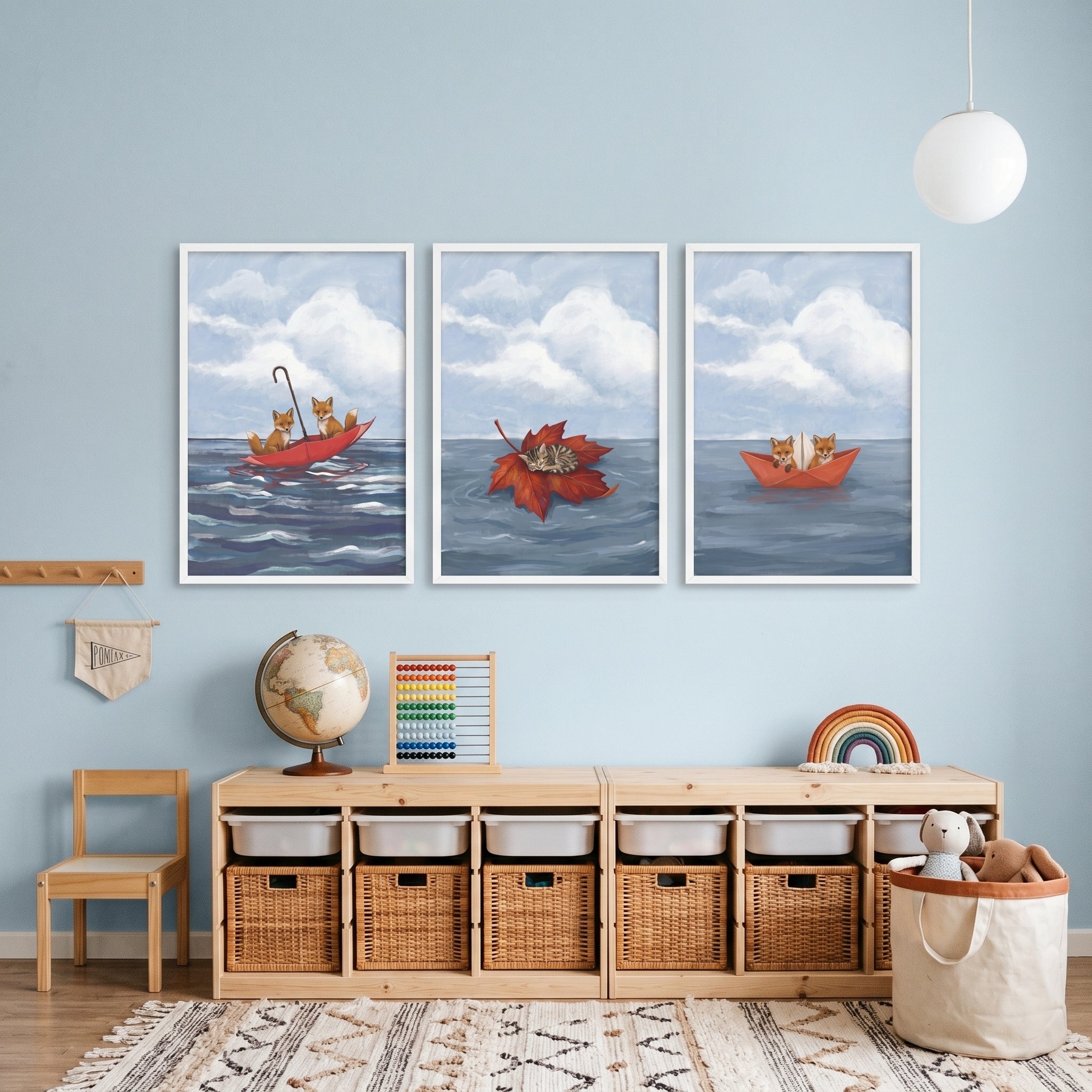 Serene Blue Ocean Animals Wall Art Set of 3 - Whimsical Water Adventures
