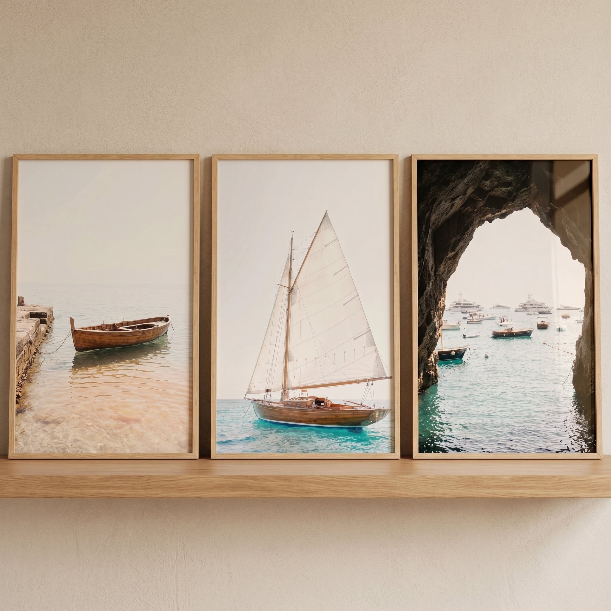 Serene Blue Water Boat Artwork Set of 3 - Coastal Boat Trio