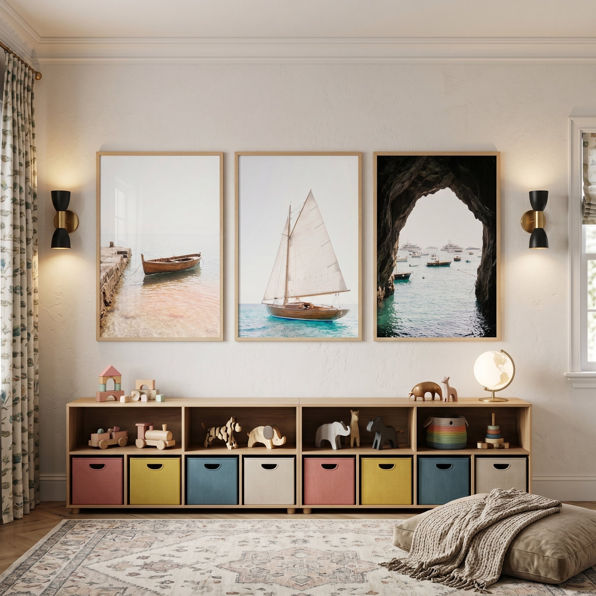 Serene Blue Water Boat Artwork Set of 3 - Coastal Boat Trio
