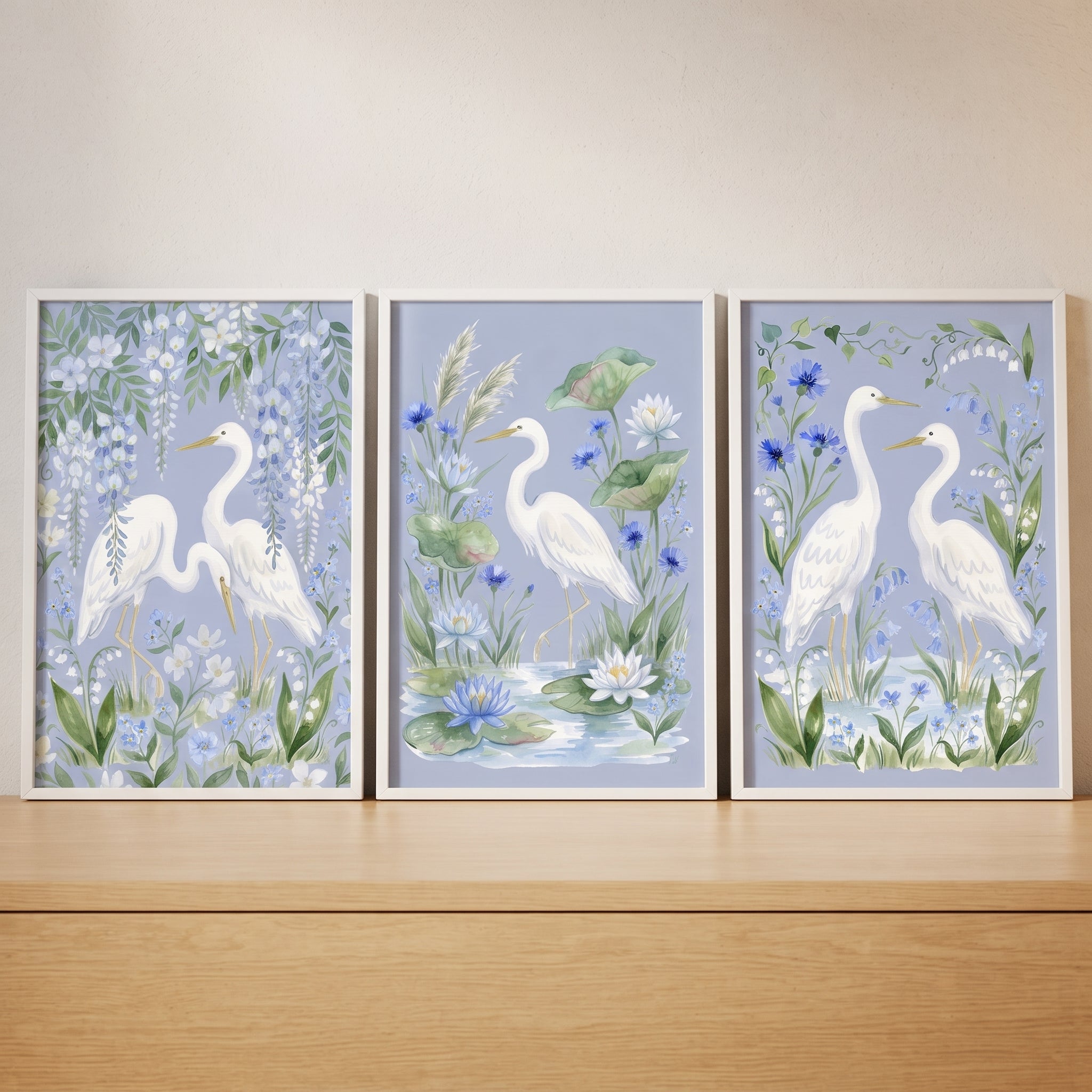 Serene Blue Wildflower Egret Bird Wall Art Set of 3 - Azure Heron Bloom
