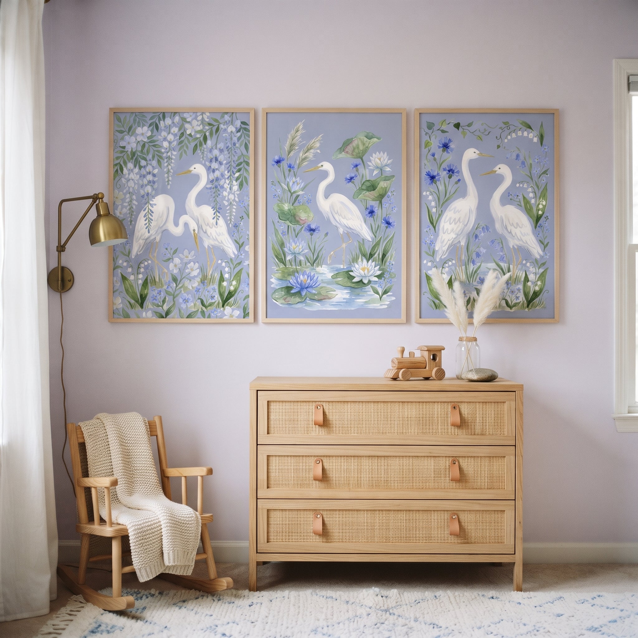 Serene Blue Wildflower Egret Bird Wall Art Set of 3 - Azure Heron Bloom