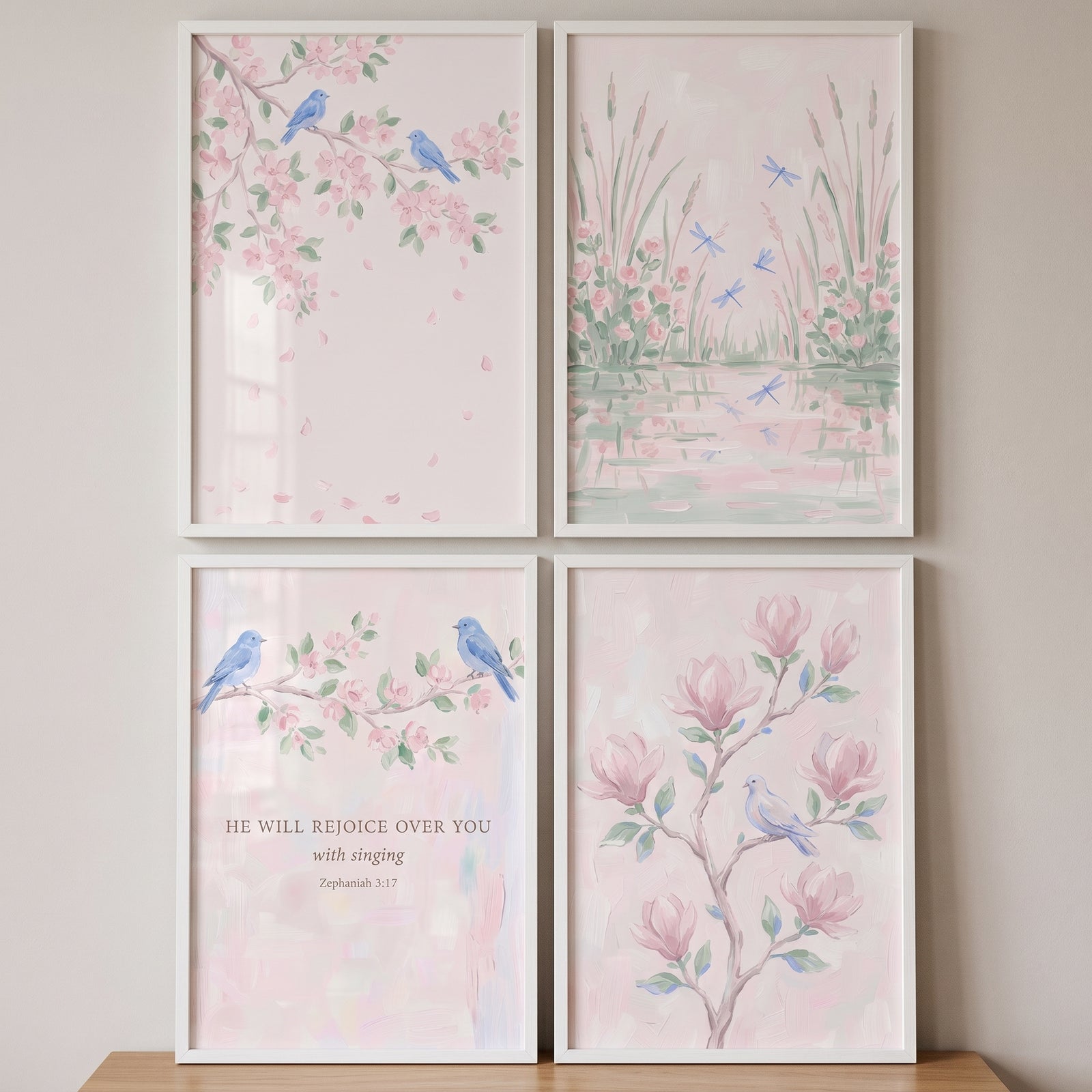 Serene blush botanical garden wall art set of 4 features blue birds, pink flowers, and a scripture verse in soft tones.