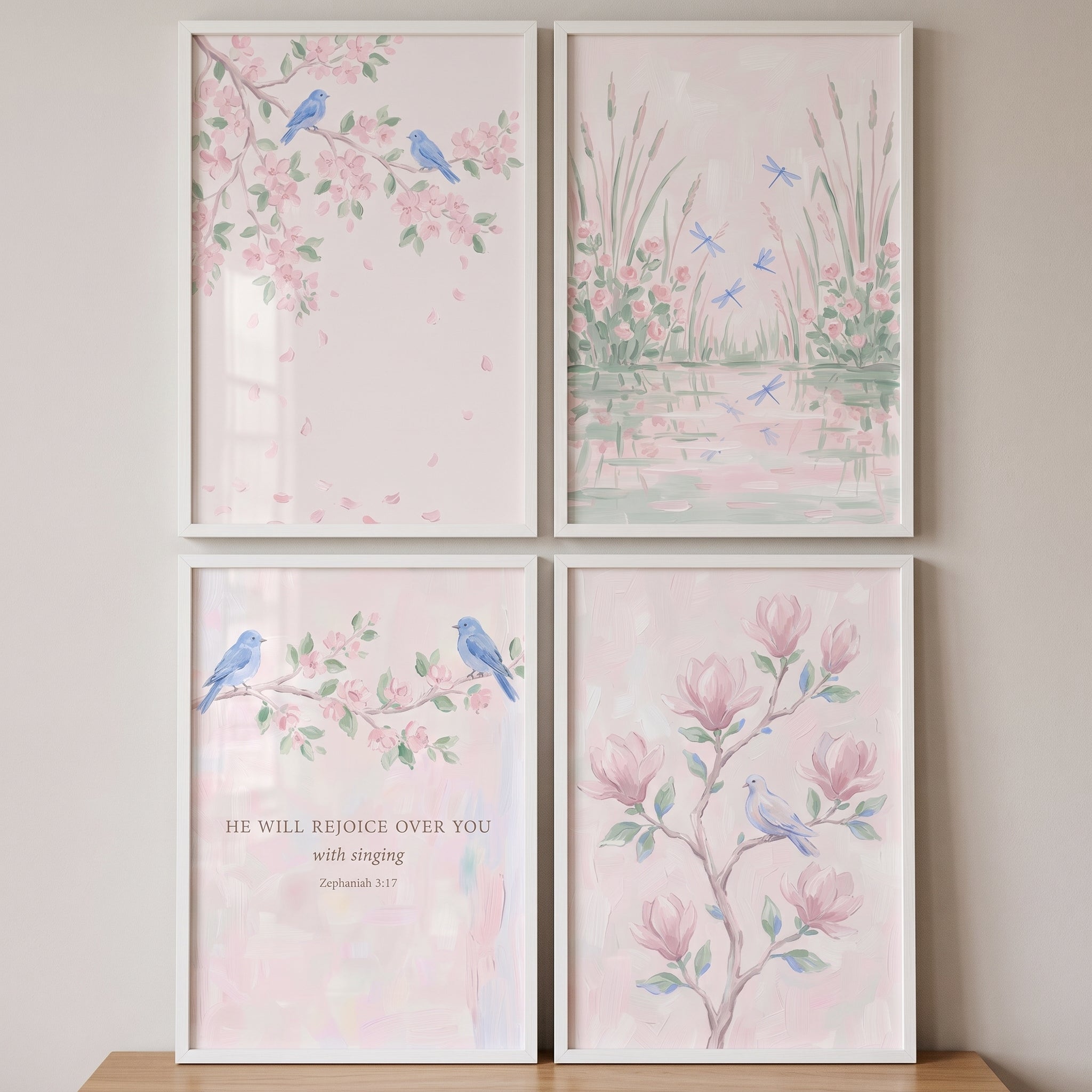Serene Blush Botanical Garden Wall Art Set of 4 - Serene Blossom Song
