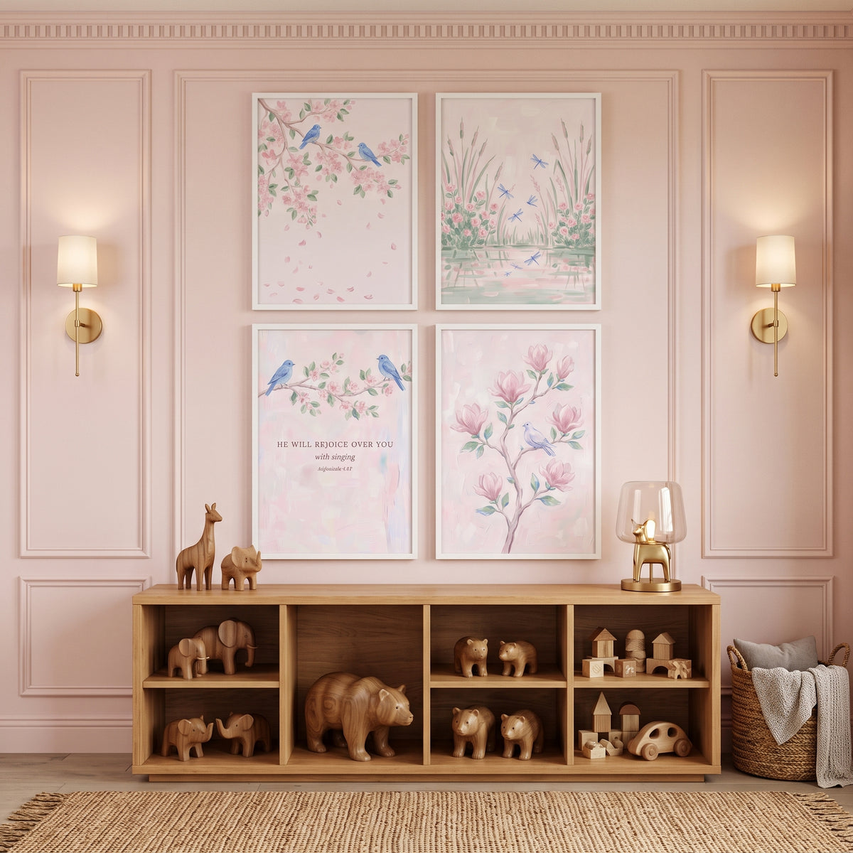Serene Blush Botanical Garden Wall Art Set of 4 - Serene Blossom Song