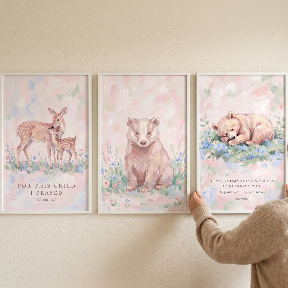 Serene Blush Forest Animals Wall Art Set of 3 - Gentle Forest Blessings