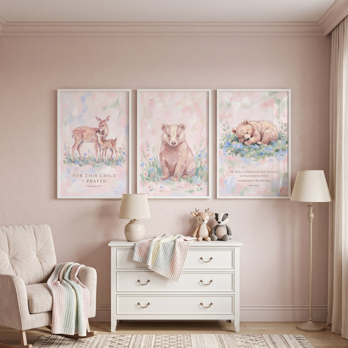 Serene Blush Forest Animals Wall Art Set of 3 - Gentle Forest Blessings