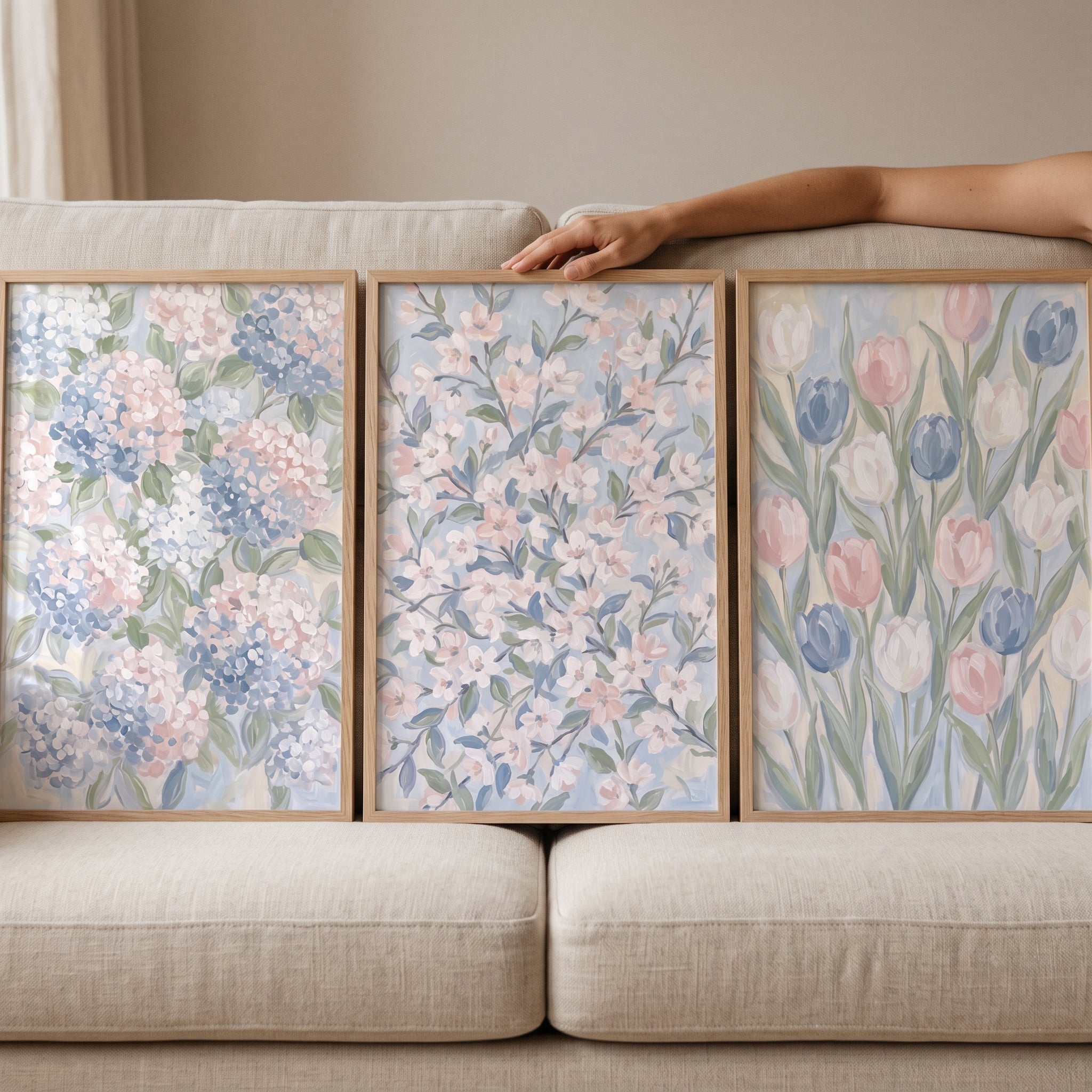 Serene Blush Garden Floral Wall Art Set of 3 - Pastel Garden Trio