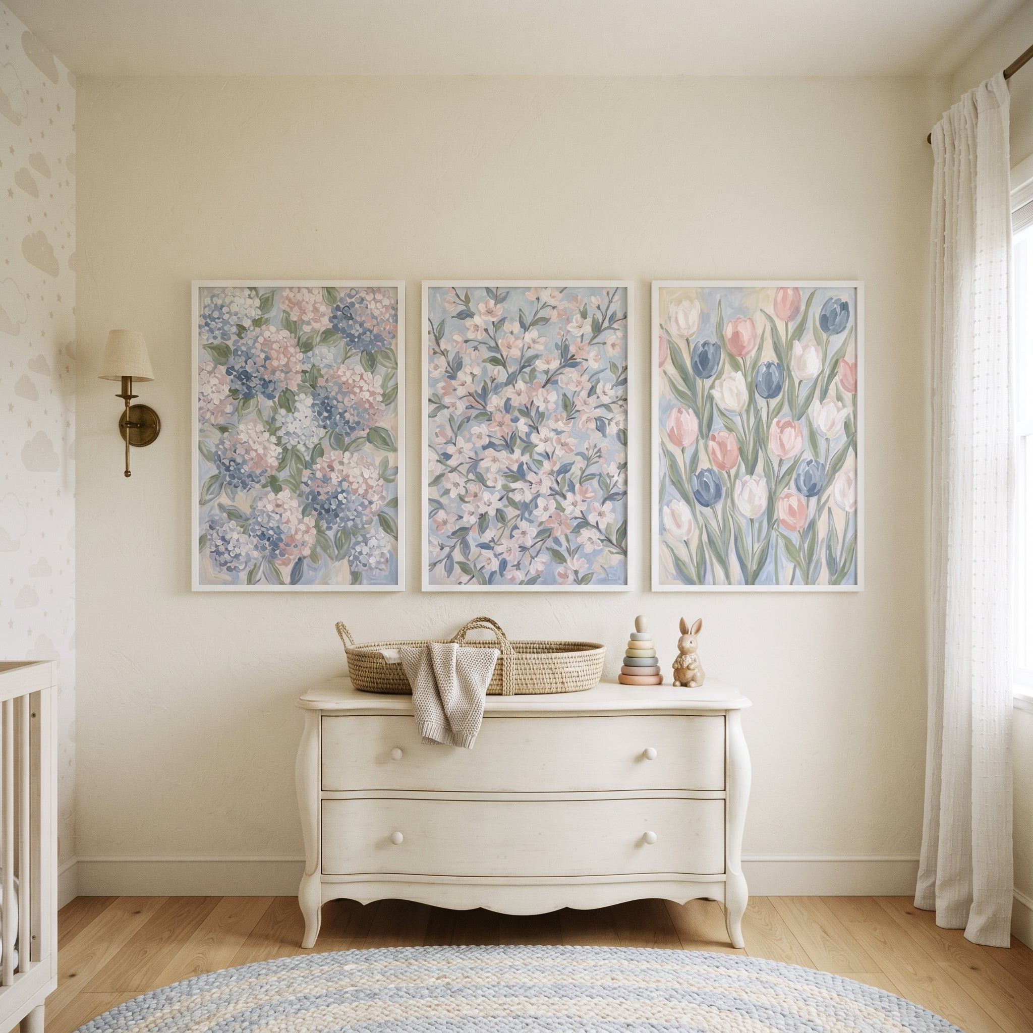 Serene Blush Garden Floral Wall Art Set of 3 - Pastel Garden Trio
