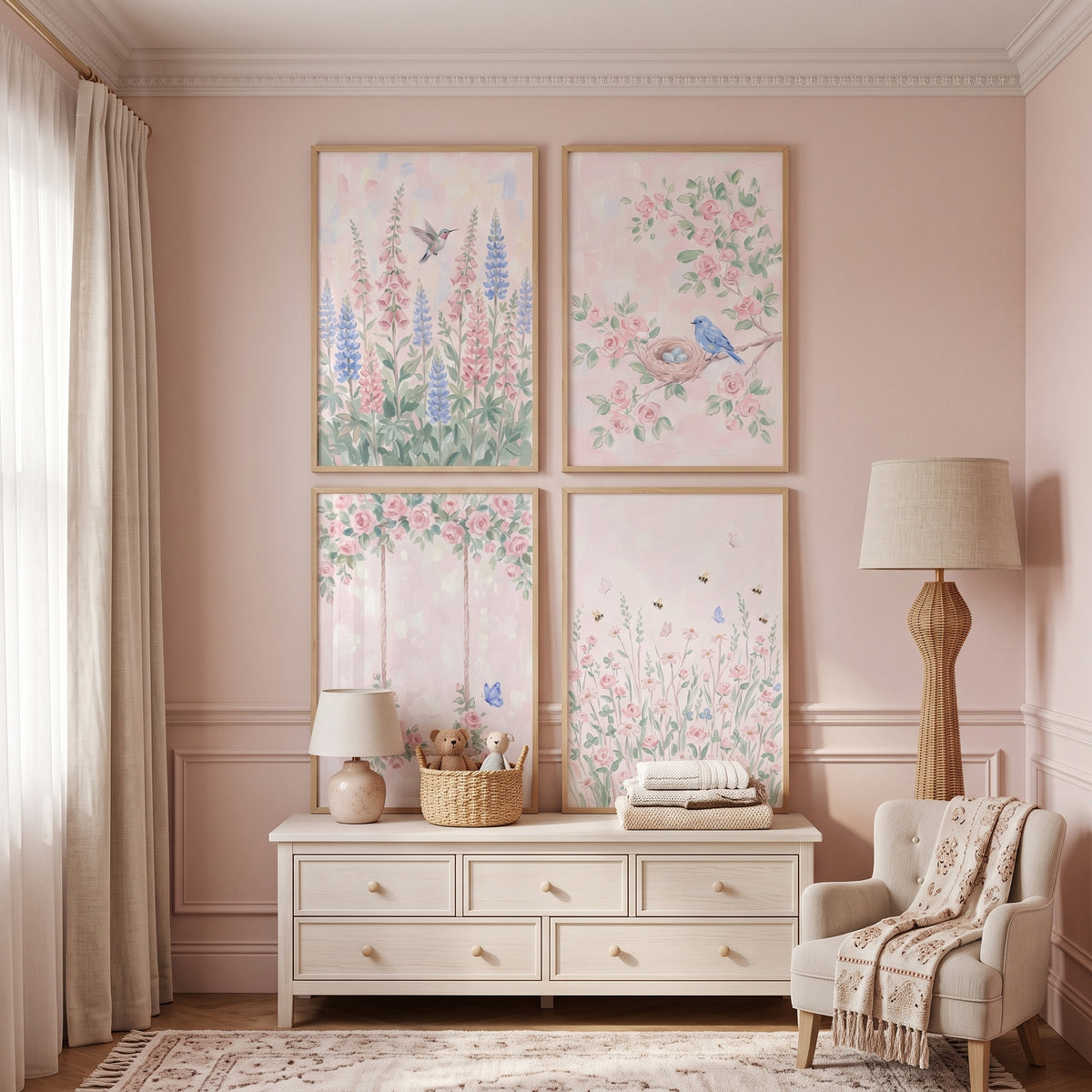 Serene Blush Pink Garden Wall Art Set of 4 - Pastel Meadow Life