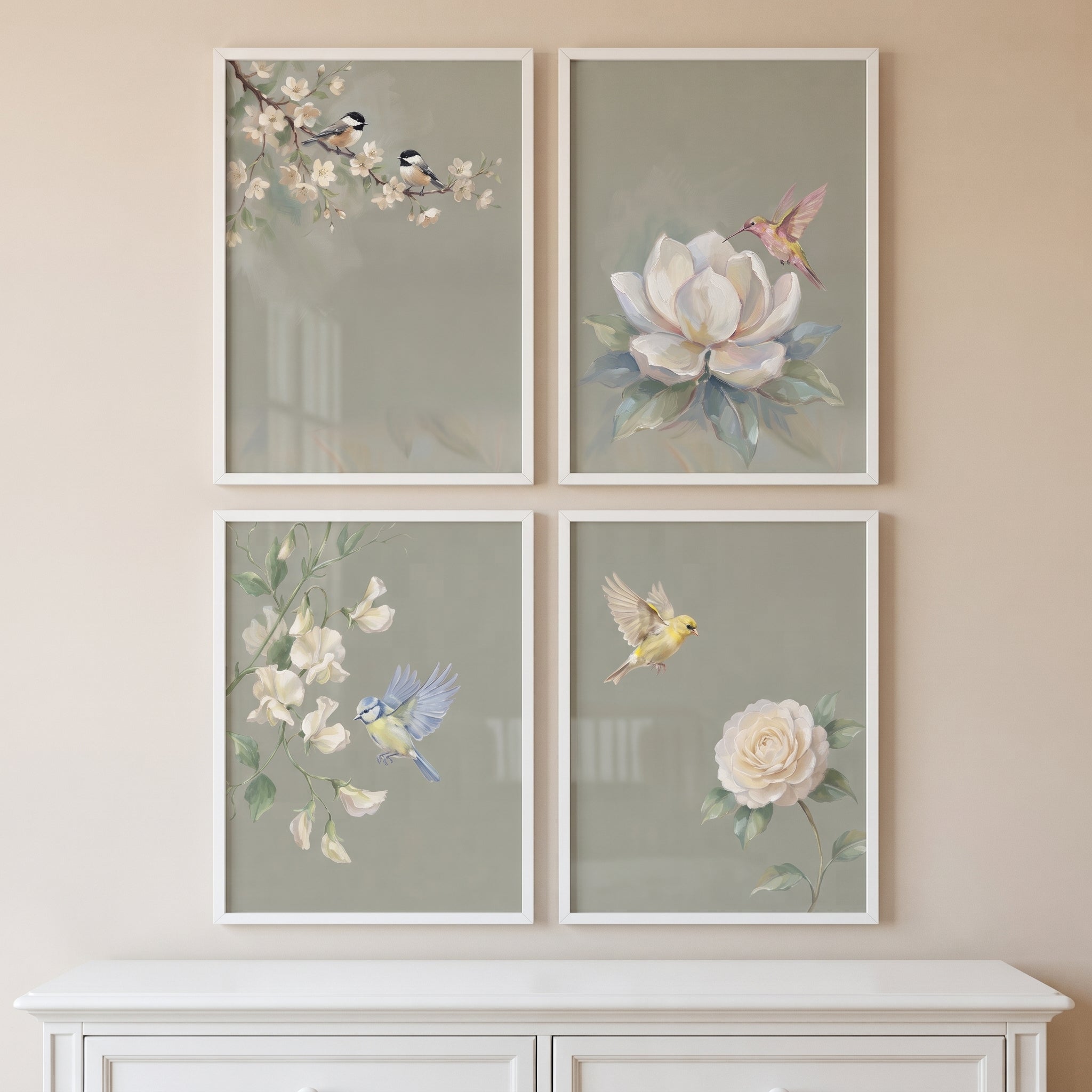 Serene Botanical Garden Bird Wall Art Set of 4 - Serene Songbird Collection