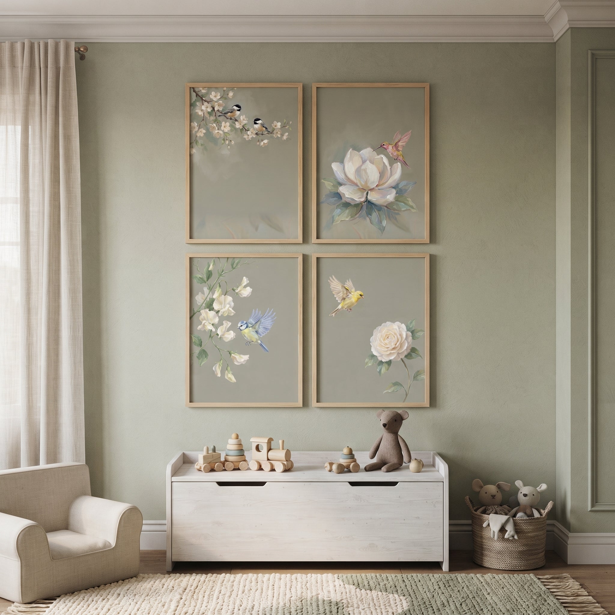 Serene Botanical Garden Bird Wall Art Set of 4 - Serene Songbird Collection
