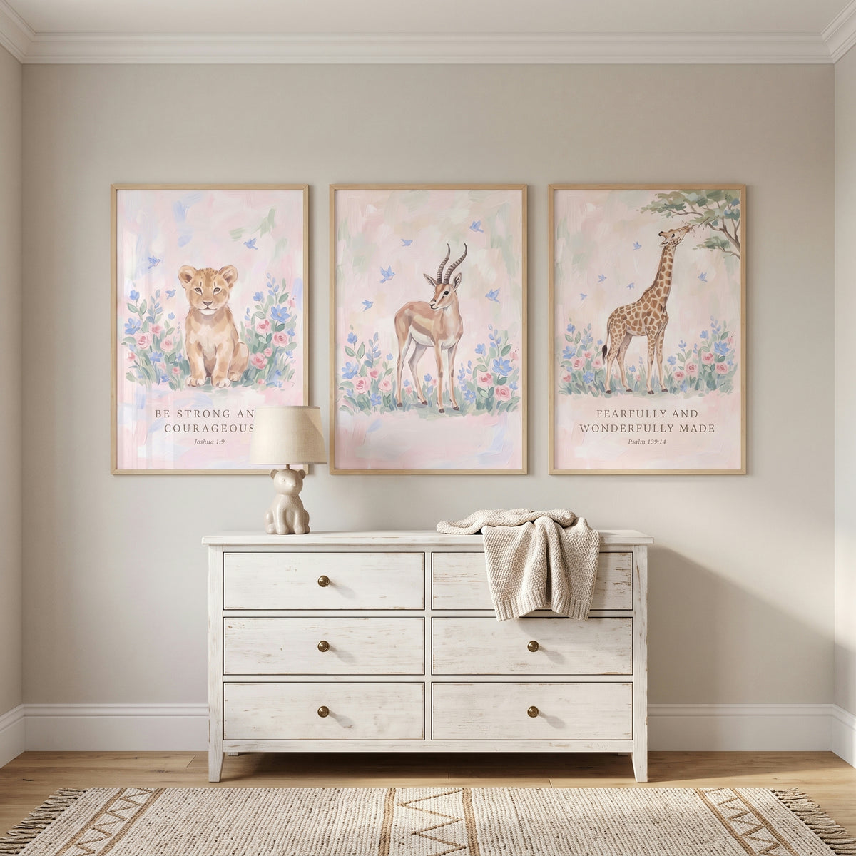 Serene Botanical Savanna Animals Artwork Set of 3 - Scripture Safari Set