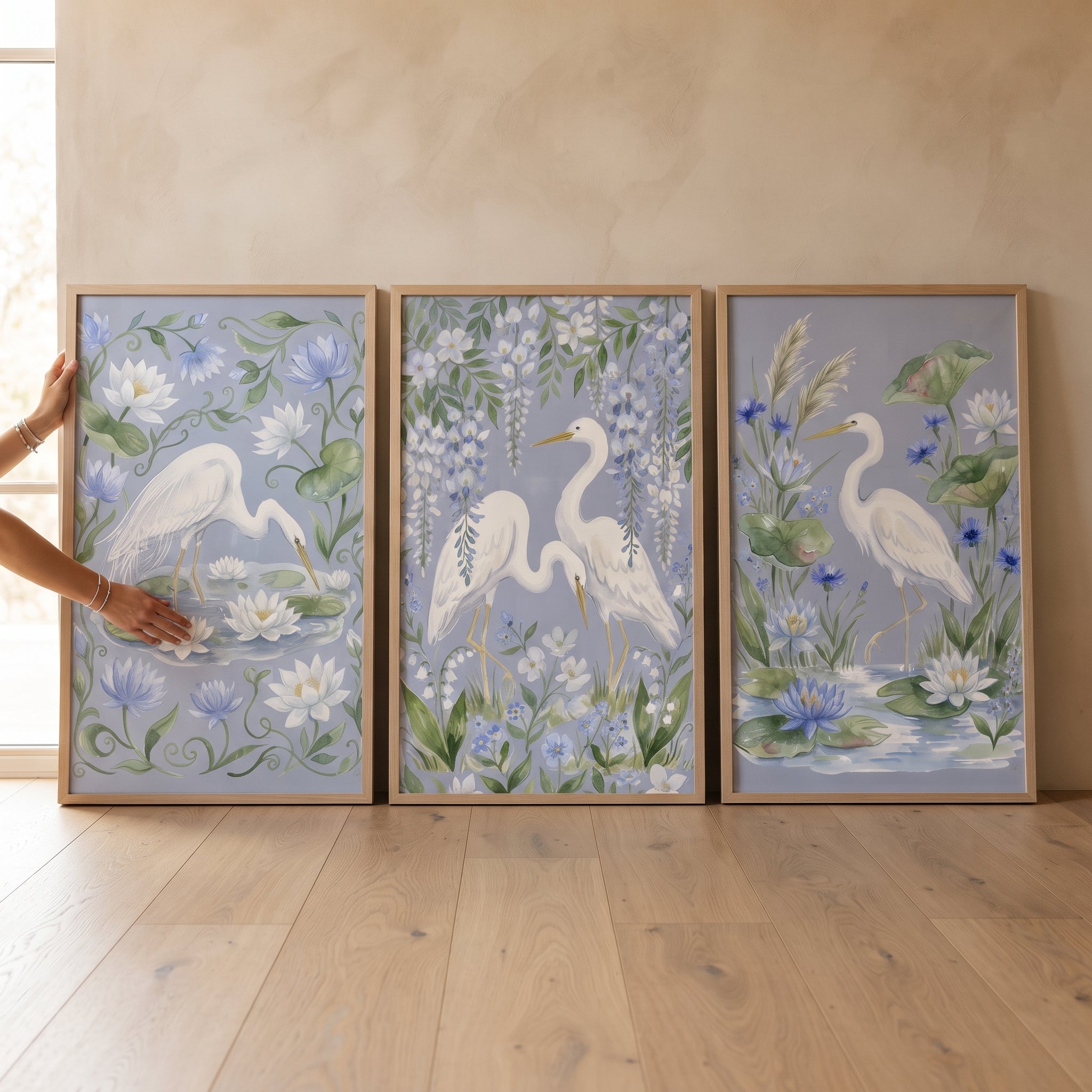 Serene Botanical White Egret Bird Wall Art Set of 3 - Serene Blue Herons