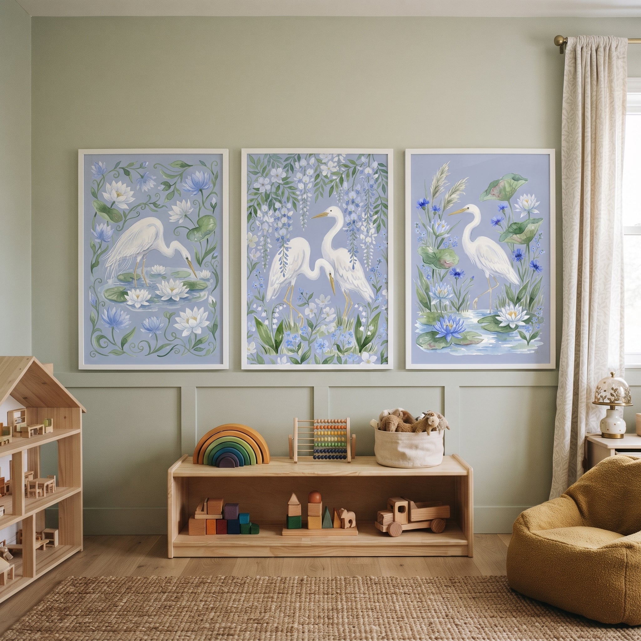 Serene Botanical White Egret Bird Wall Art Set of 3 - Serene Blue Herons