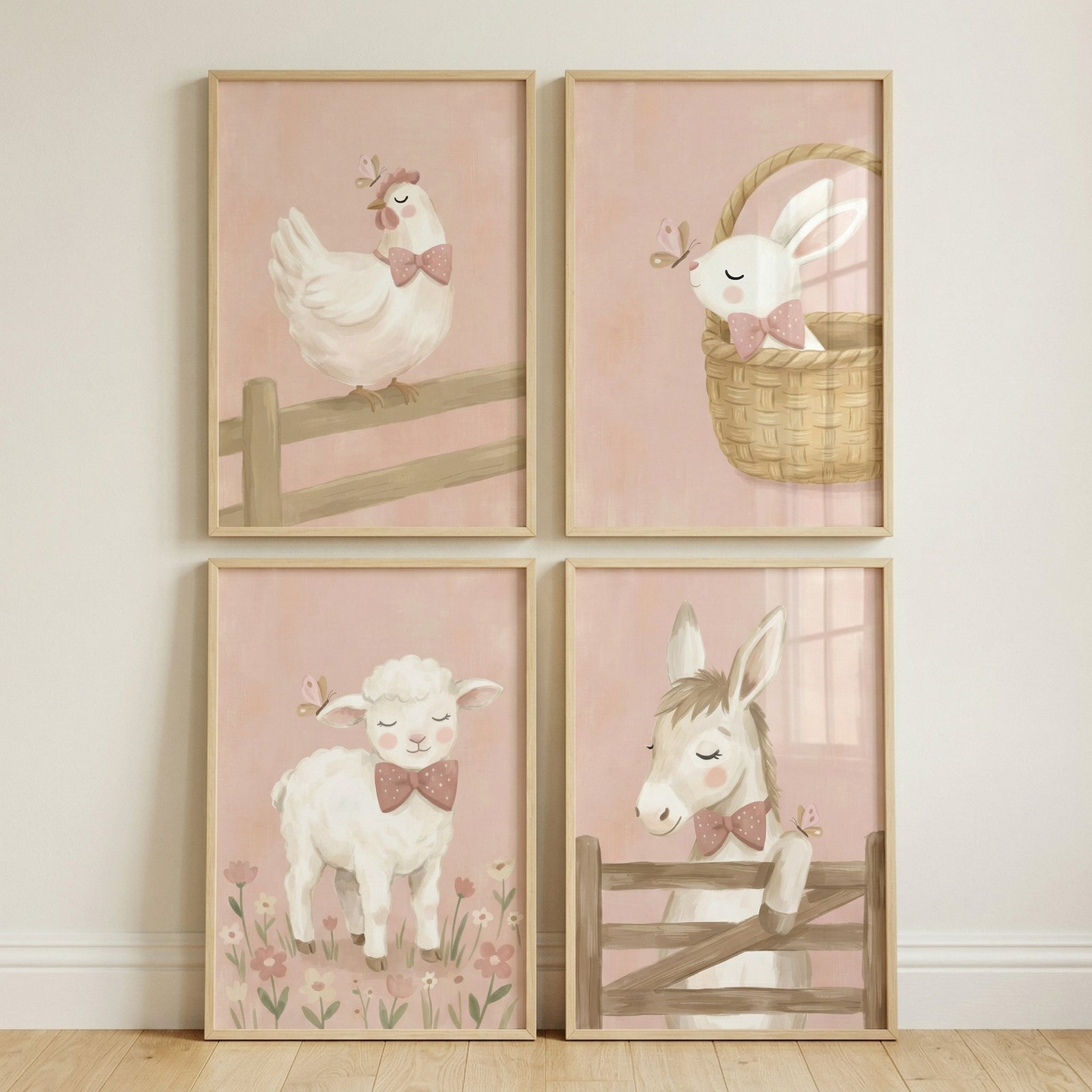 This collection of four framed wall art prints features a whimsical and soft illustration style, perfect for a nursery or child's room. Each piece showcases a different baby farm animal against a gentle, pastel pink background. The animals are depicted with a sweet, calm expression, and each one wears a delicate pink bow tie.