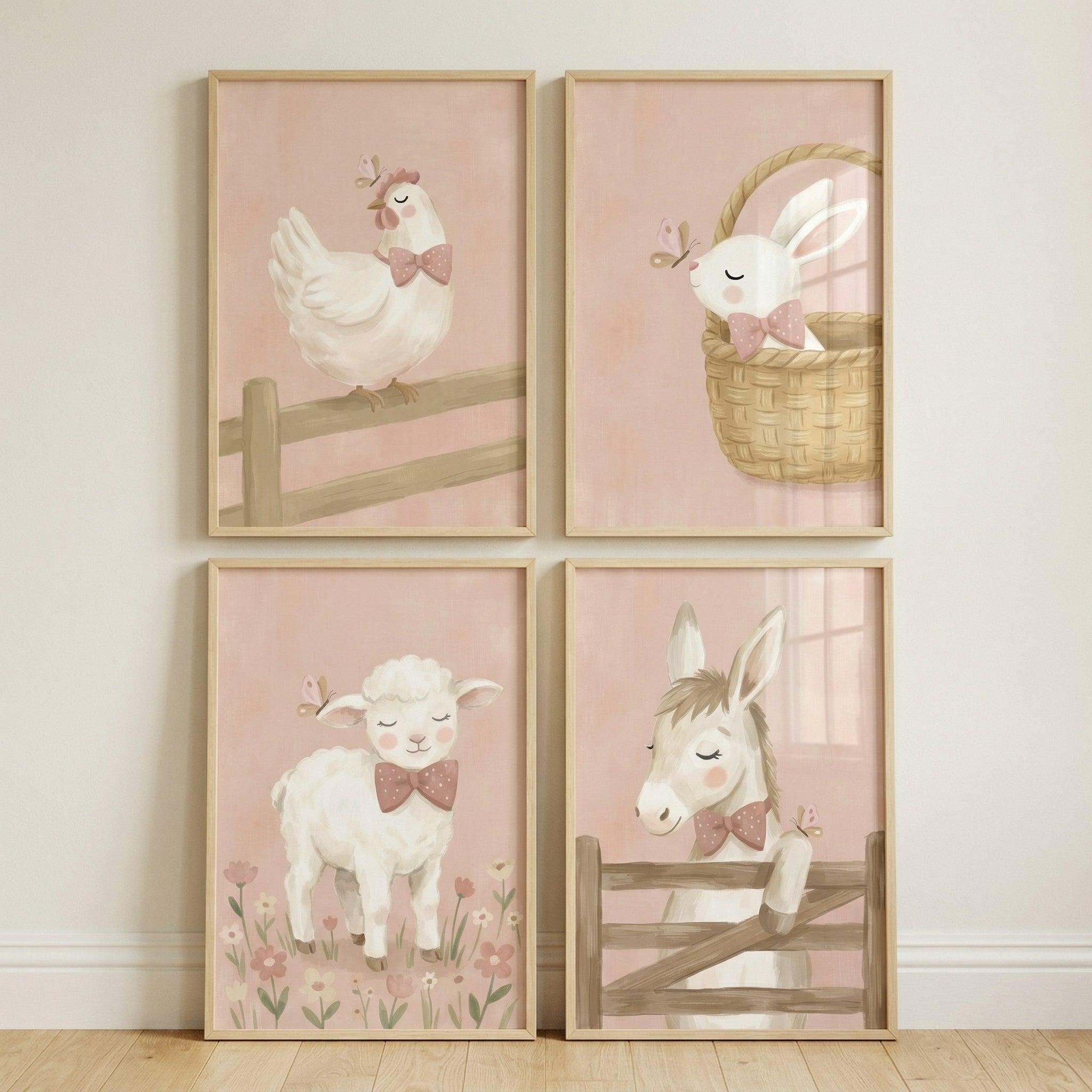 Serene Butterfly Farm Animal Wall Art Set of 4 - Sweet Nursery Animals