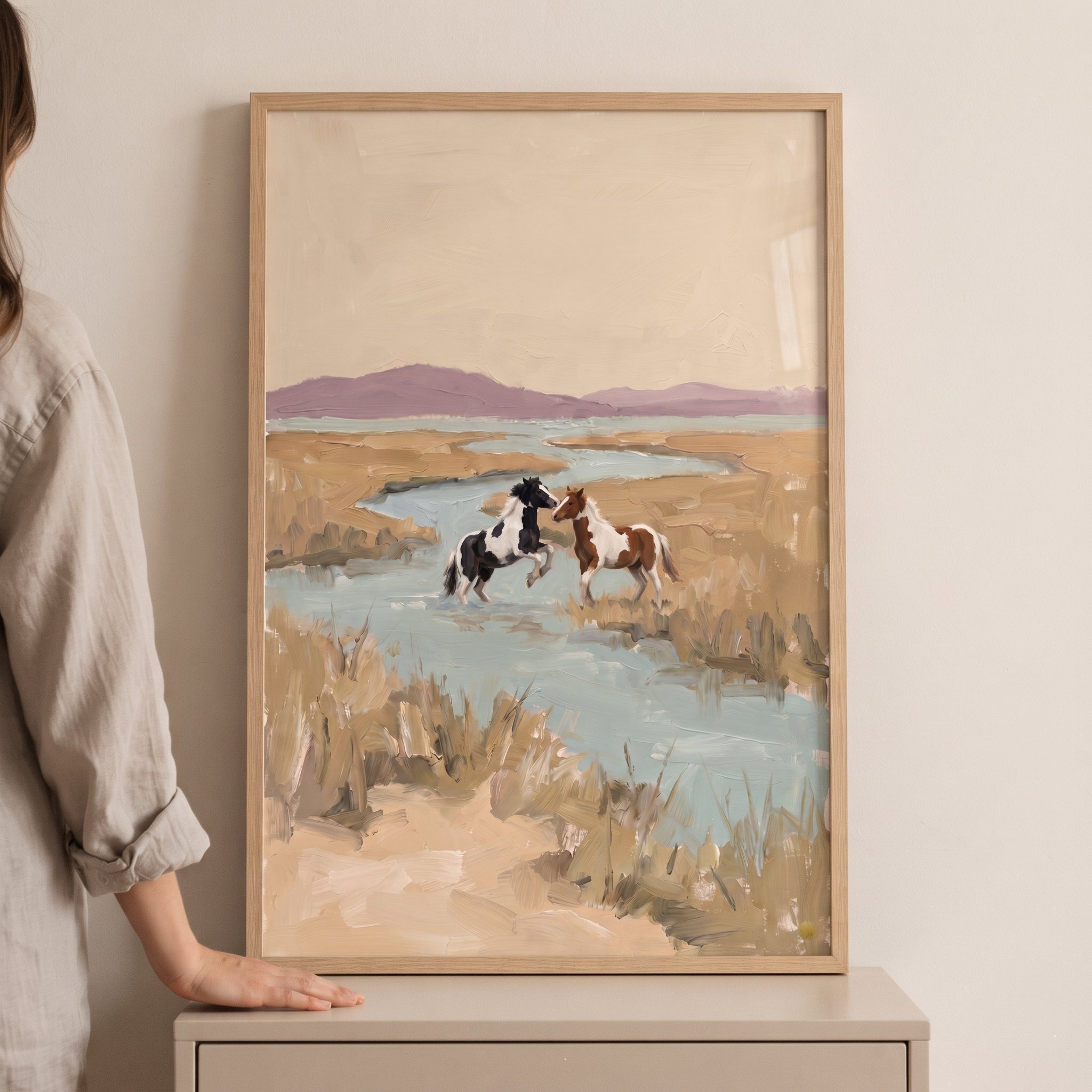 Serene Coastal Marsh Horses Wall Art - Wild River Dance