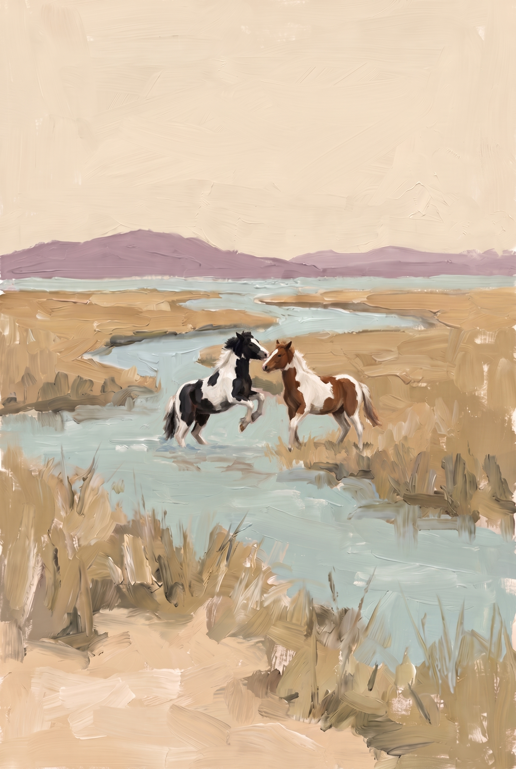 Serene Coastal Marsh Horses Wall Art - Wild River Dance