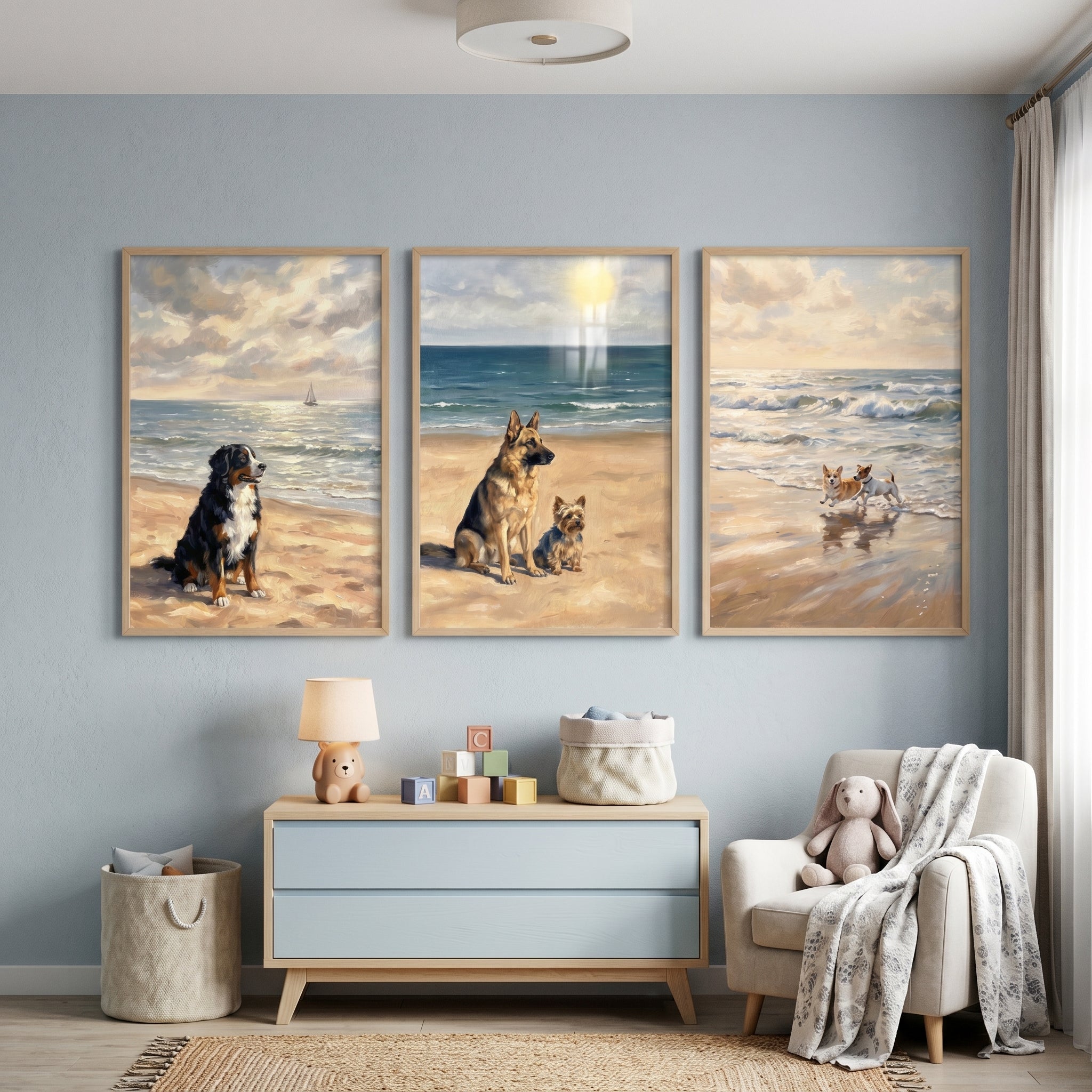 Serene Coastal Shoreline Dogs Wall Art Set of 3 - Sandy Shore Paws