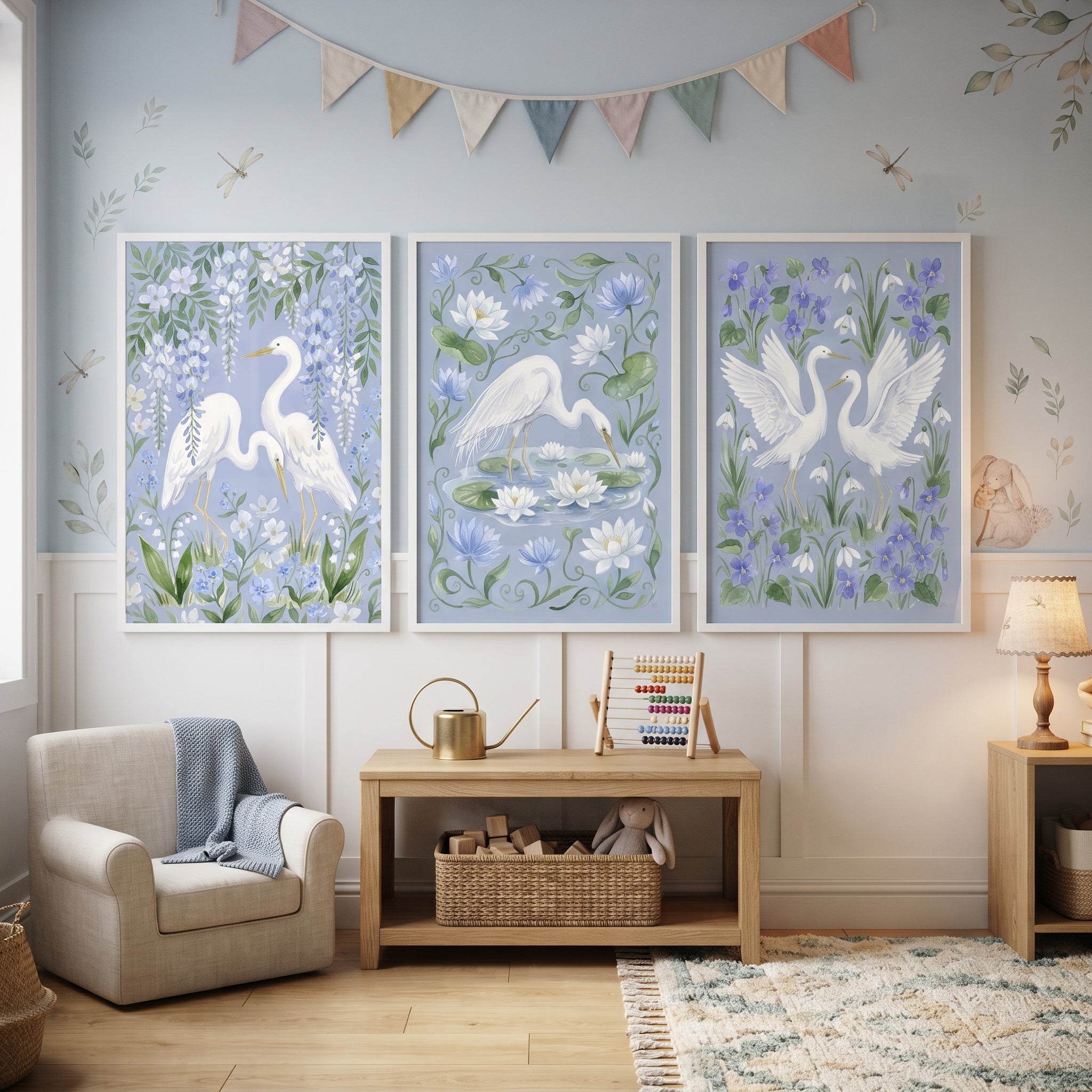 Serene Coastal White Egret Bird Wall Art Set of 3 - Ethereal Egret Trio
