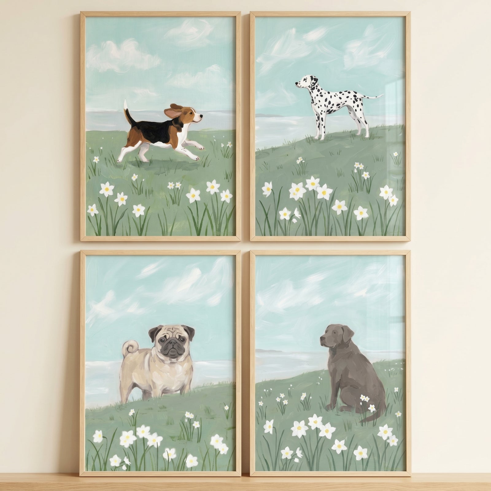 Serene daisy meadow dogs wall art set of 4 featuring a running beagle, dalmatian, pug, and sitting Labrador.