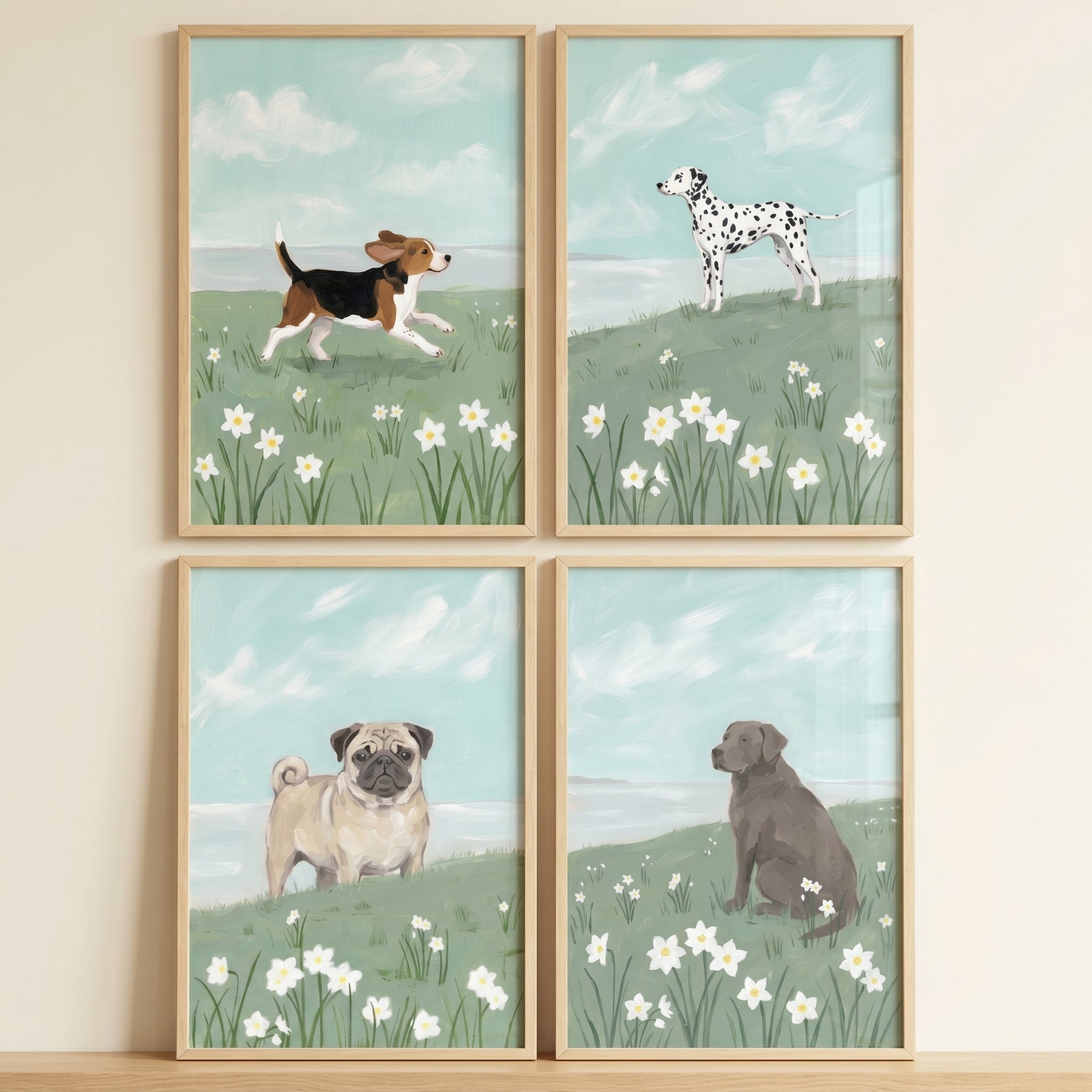 Serene Daisy Meadow Dogs Wall Art Set of 4 - Dogs In Bloom