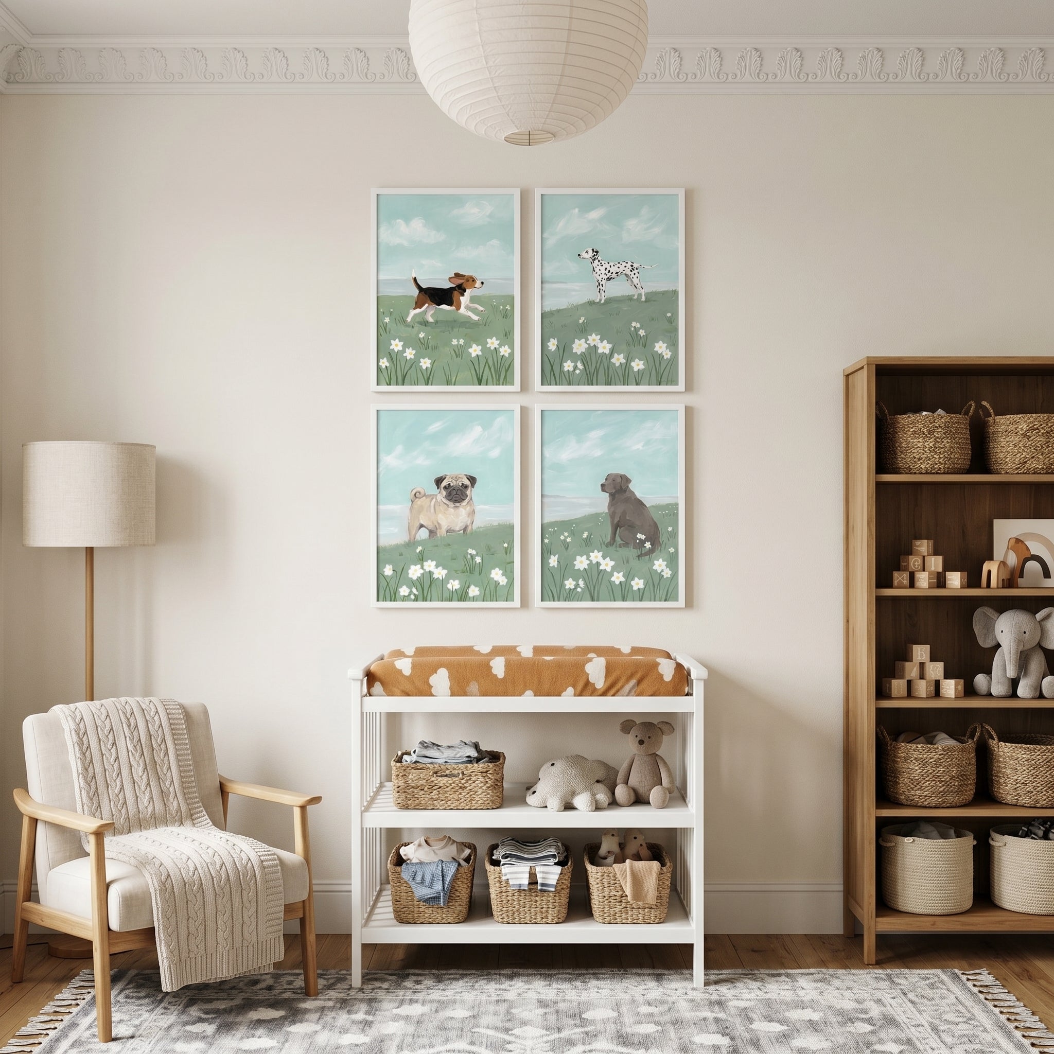 Serene Daisy Meadow Dogs Wall Art Set of 4 - Dogs In Bloom