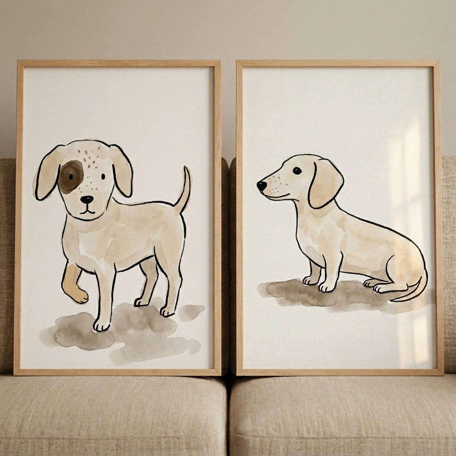 Two vertical light wood frames are displayed side-by-side on a tan textured couch. Inside each frame is a minimalist illustration of a dog rendered in soft neutral tones with delicate black outlines. 
