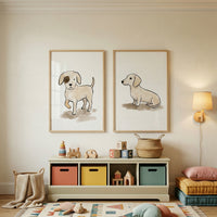 Two framed art prints of simple, cute cartoon dogs hang side-by-side on a light-colored wall in a cozy playroom. Below them, a low wooden storage unit features cubbies with colorful bins and wooden building toys.