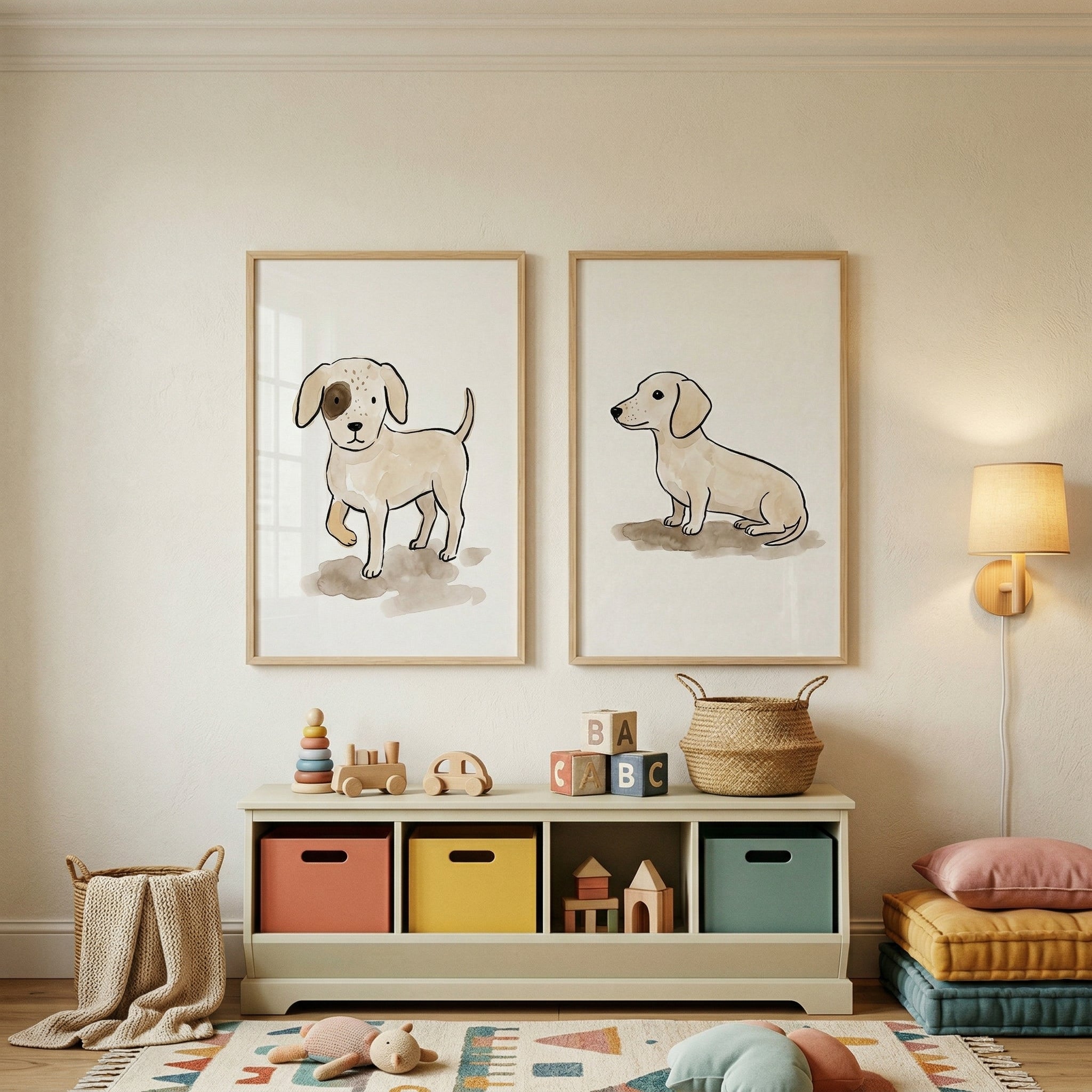 Serene Earth Tone Dog Wall Art Set of 2 - Playful Puppy Pals