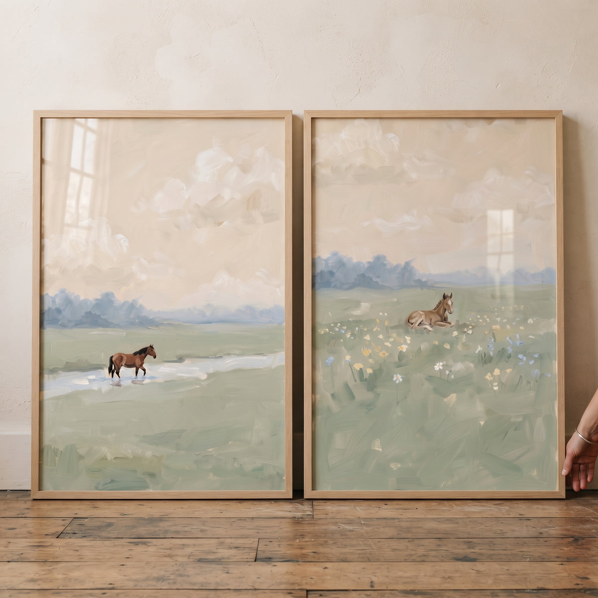 Serene Earthy Landscape Horse Wall Art Set of 2 - Serene Pasture Scenes