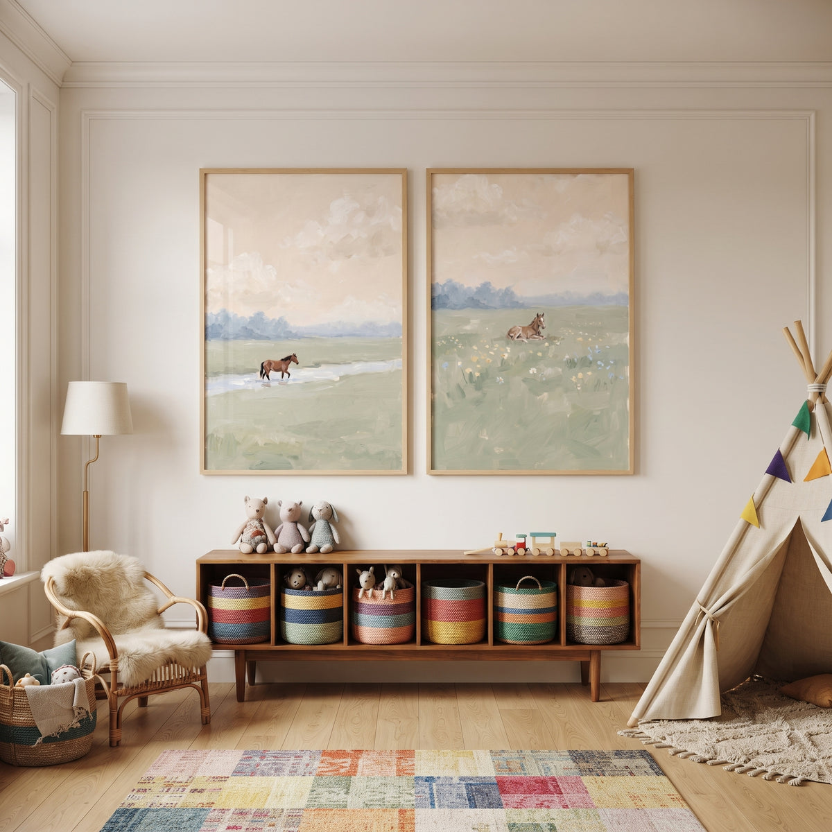Serene Earthy Landscape Horse Wall Art Set of 2 - Serene Pasture Scenes