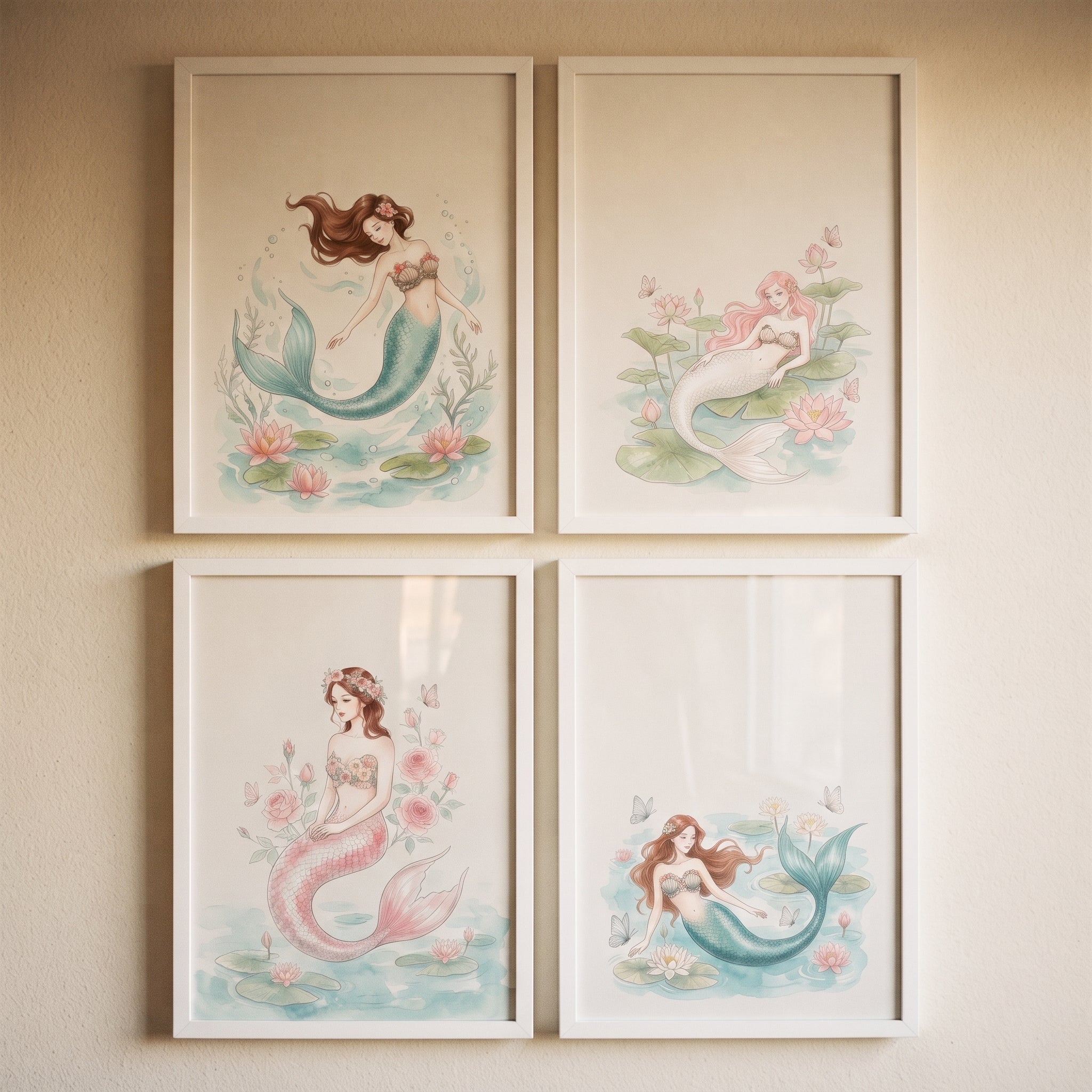 Serene Fairytale Watercolor Mermaid Wall Art Set of 4 - Ethereal Mermaid Dreams