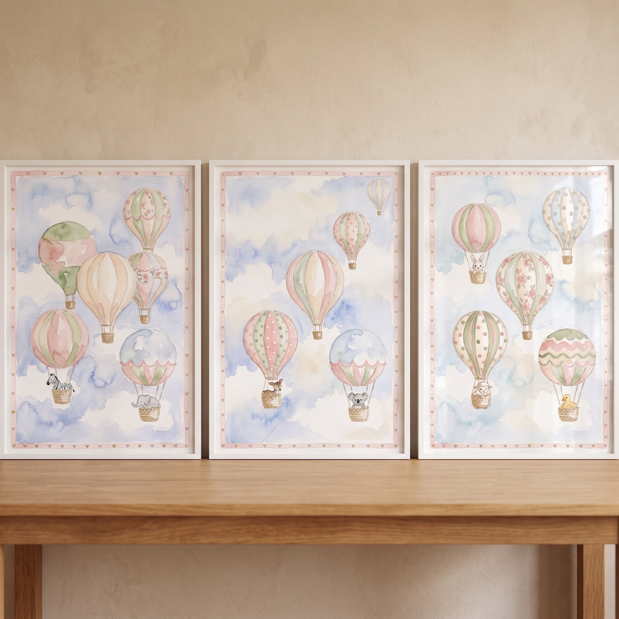 Serene Floating Animal Balloon Artwork Set Of 3 - Pastel Sky Animals