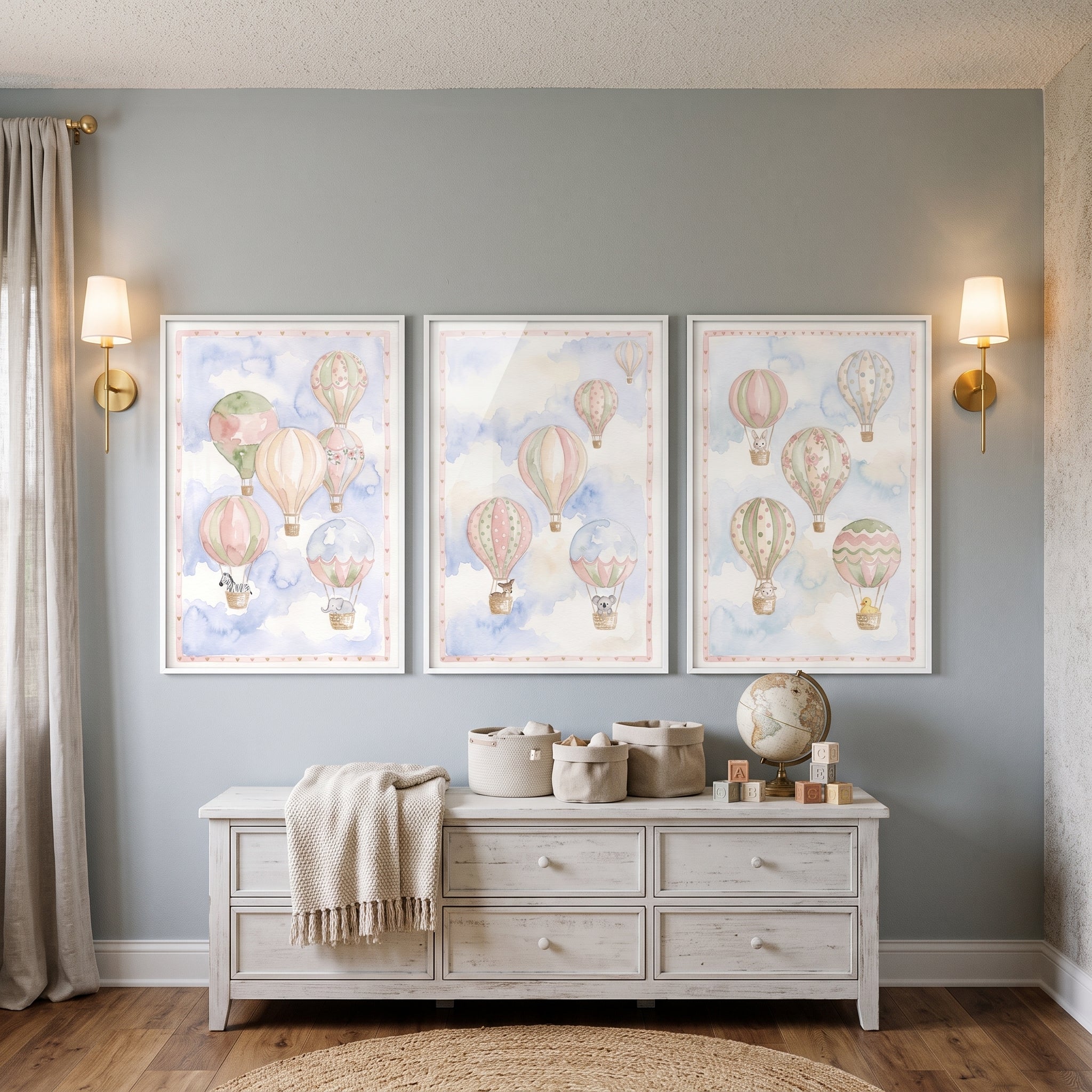 Serene Floating Animal Balloon Artwork Set Of 3 - Pastel Sky Animals